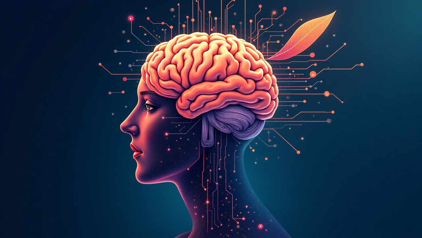 Illustration carré représentant un cerveau humain fusionnant avec des circuits numériques et des éléments de narration, comme un livre ouvert ou une plume stylisée, dans un style semi-réaliste avec un mélange d'abstrait et de symbolisme. La scène évoque l'harmonie entre l'intelligence humaine et l'innovation technologique, avec une ambiance équilibrée et professionnelle. Utiliser une palette de couleurs inspirée de FeedMaker (#54387D, #3E408D, #3C579D, #47C0B4, #58A17B, #80D07E, #A5DA6F, #E1A65F, #EFCA5E, #EBE263) pour équilibrer richesse visuelle et sobriété, soulignant la fusion entre émotion et technologie.