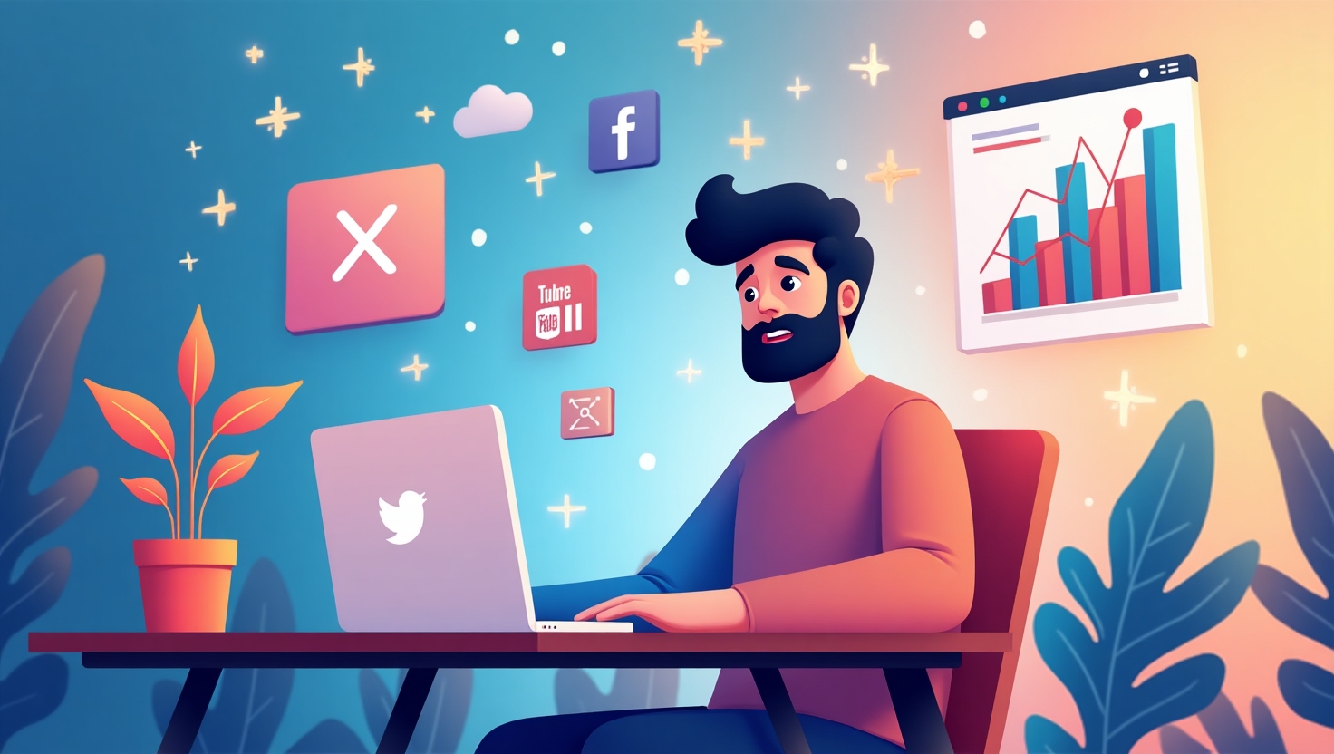 Illustration carrée d'un créateur de contenu entouré d'éléments visuels innovants comme des graphiques, des vidéos et des animations générés par l'IA, avec une ambiance dynamique et moderne, réunissant des icônes sociales, une tablette, un smartphone et des effets numériques lumineux, le tout dans un style illustratif épuré en flat design, utilisant une palette de couleurs inspirée de la palette FeedMaker (#54387D, #3E408D, #3C579D, #47C0B4, #58A17B, #80D07E, #A5DA6F, #E1A65F, #EFCA5E, #EBE263).