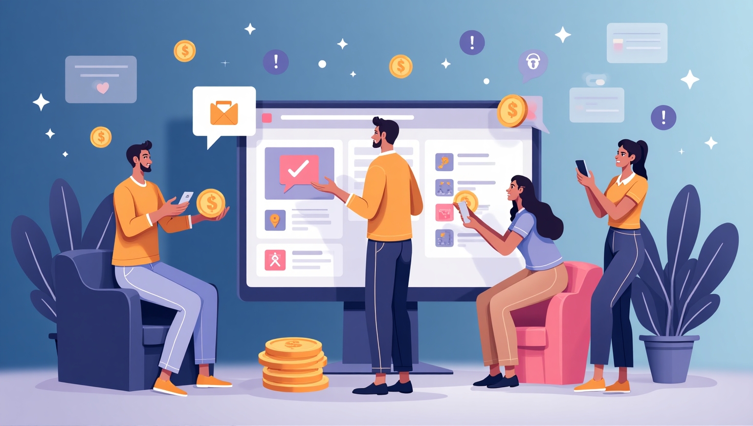 Illustration carrée d'une scène moderne et dynamique représentant des créateurs de contenu en direct sur une plateforme sociale, avec un écran ou une interface intégrée affichant des éléments de donation, d'abonnement et de vente en temps réel. La scène inclut des icônes de cœurs, d'argent, de flèches ou de badges pour symboliser la monétisation, dans un style digital et épuré, avec une ambiance innovante et inspirée par la technologie. Utilise une palette de couleurs inspirée de FeedMaker (#54387D, #3E408D, #3C579D, #47C0B4, #58A17B, #80D07E, #A5DA6F, #E1A65F, #EFCA5E, #EBE263), pour une atmosphère professionnelle et engageante.