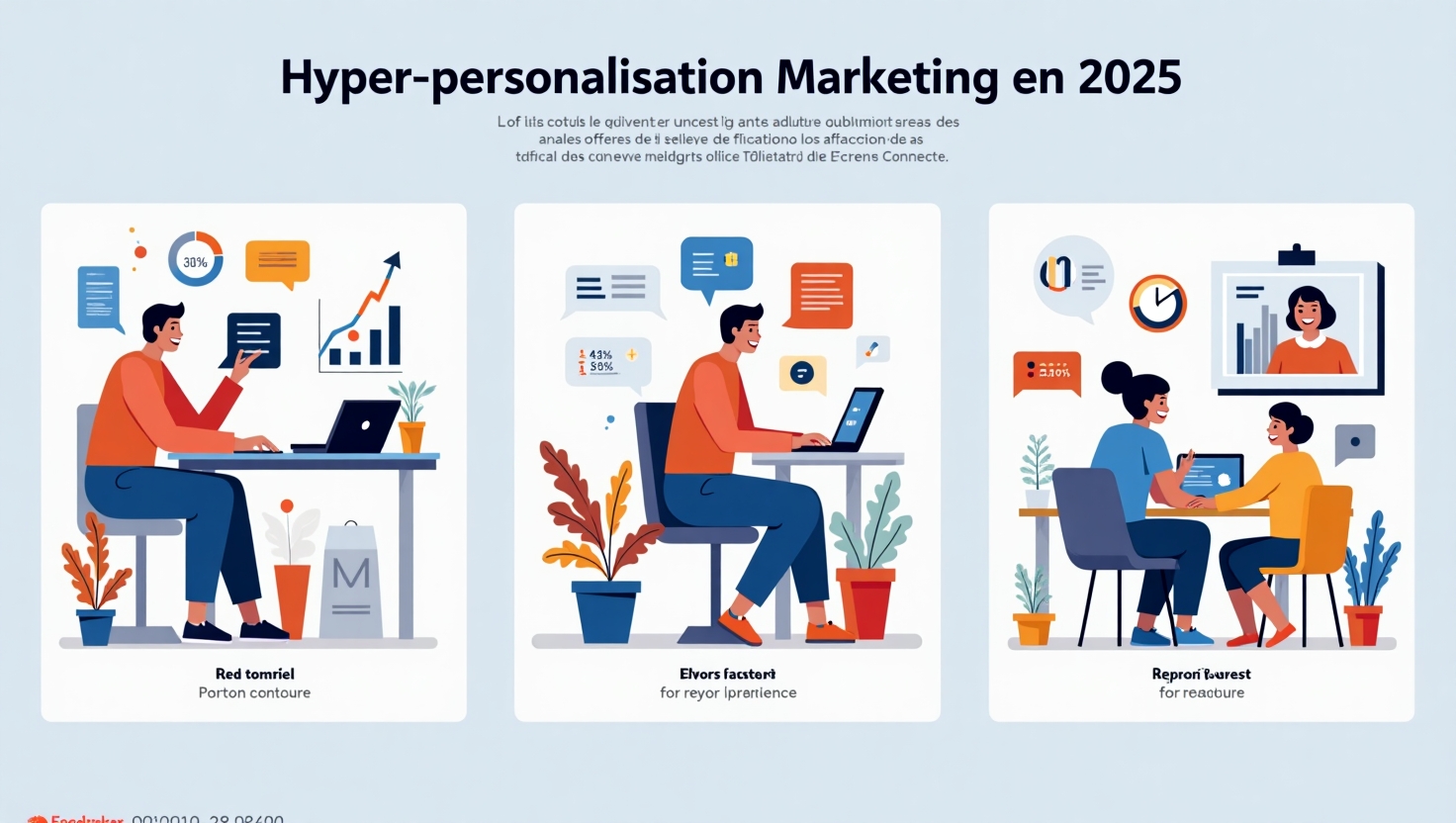Illustration carrée en flat design dynamique représentant trois scènes distinctes illustrant des stratégies d'hyper-personnalisation marketing en 2025: d'une part, une marque utilisant l'IA pour analyser des données comportementales et créer des offres sur mesure, avec des graphiques de croissance et des interactions personnalisées; d'autre part, un créateur de contenu engageant son audience via des messages ultra-ciblés sur un écran connecté, affichant des chiffres impressionnants d'engagement et de fidélisation; enfin, une scène montrant une connexion authentique entre un client et une marque à travers un dispositif interactif personnalisé, avec des éléments visuels évoquant la technologie et l'innovation. Style illustratif moderne, couleurs colorées inspirées de la palette FeedMaker (#54387D, #3E408D, #3C579D, #47C0B4, #58A17B, #80D07E, #A5DA6F, #E1A65F, #EFCA5E, #EBE263), ambiance optimiste et éducative, format carré.