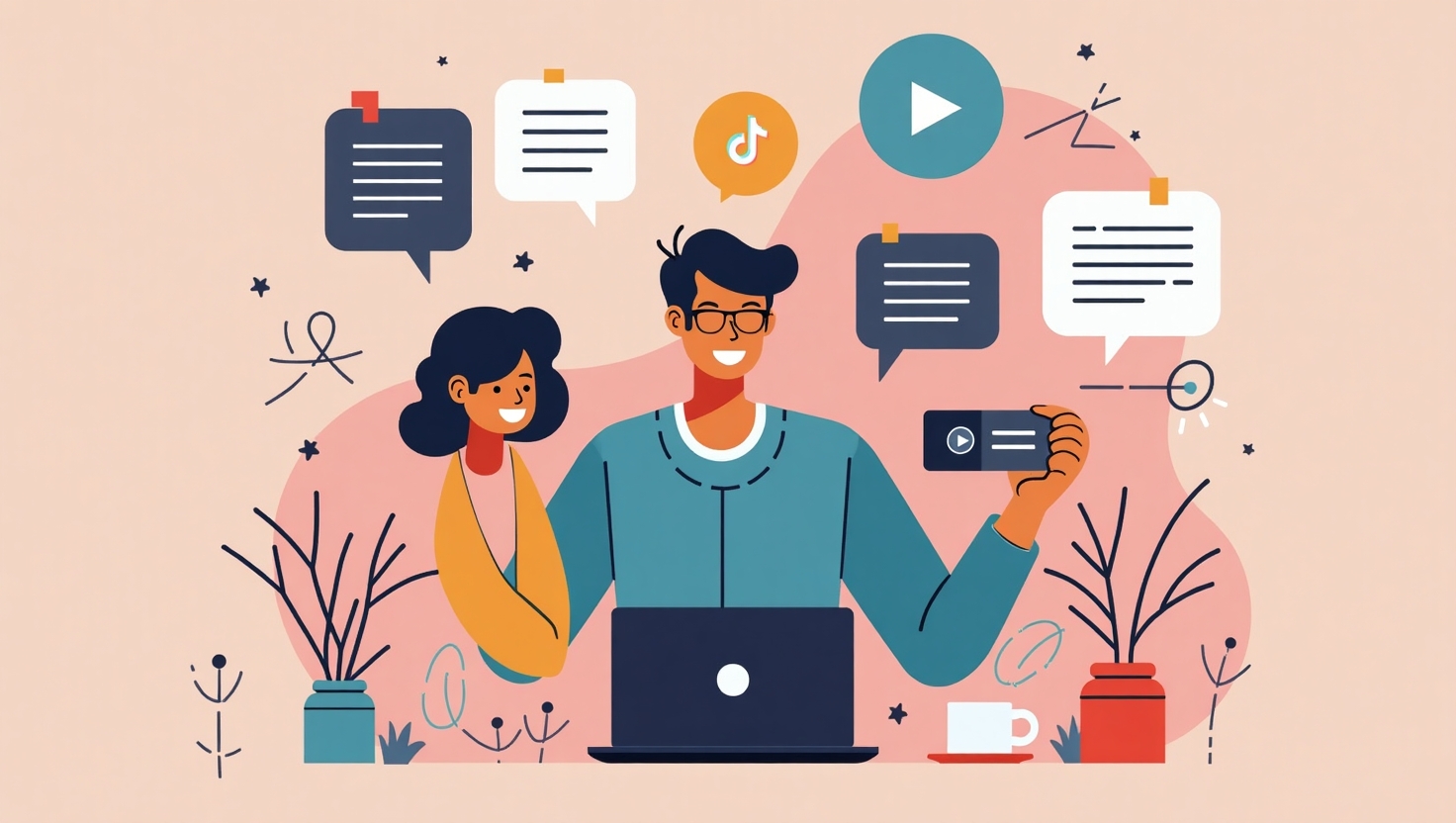 Illustration carrée en flat design dynamique représentant un créateur de contenu face à une caméra avec un graphique de chronomètre indiquant 8 secondes, entouré d’éléments visuels de réseaux sociaux populaires comme TikTok, Instagram Reels et YouTube Shorts, mettant en évidence différents éléments d’accroche tels que un premier plan expressif, du texte accrocheur, une gestuelle énergique et un call-to-action subtil, ambiance moderne et énergique, couleurs vives inspirées de la palette FeedMaker (#54387D, #3E408D, #3C579D, #47C0B4, #58A17B, #80D07E, #A5DA6F, #E1A65F, #EFCA5E, #EBE263).