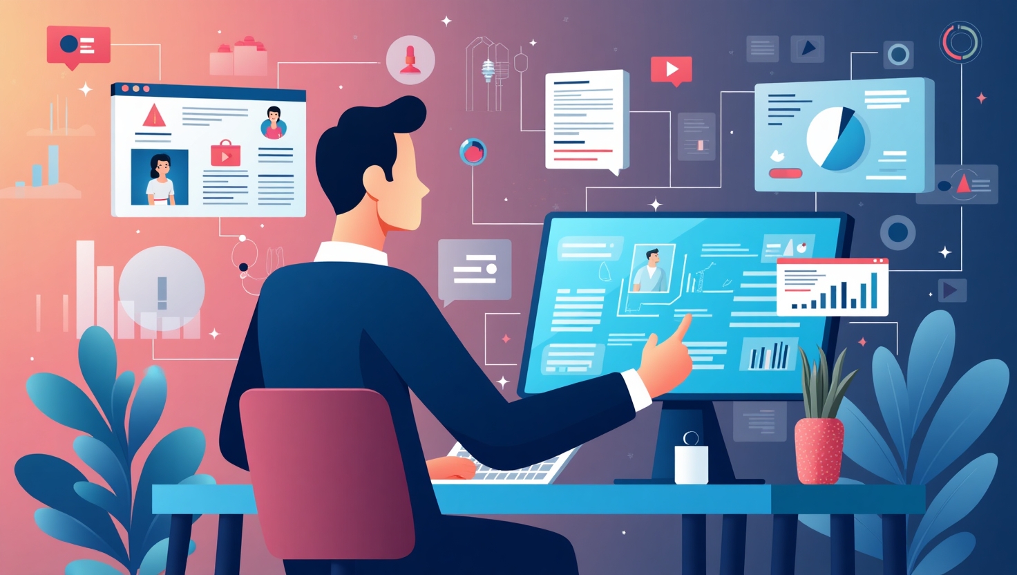 Illustration carrée en flat design moderne représentant un professionnel du marketing entouré d'écrans et d'éléments graphiques illustrant l'intelligence artificielle, l'analyse prédictive et la personnalisation dynamique en 2025, avec des flux de données, des profils clients et des contenus vidéo et audio intégrés. L'ambiance est professionnelle, innovante, et orientée vers la haute technologie, avec une palette de couleurs inspirée de la palette FeedMaker (#54387D, #3E408D, #3C579D, #47C0B4, #58A17B, #80D07E, #A5DA6F, #E1A65F, #EFCA5E, #EBE263).