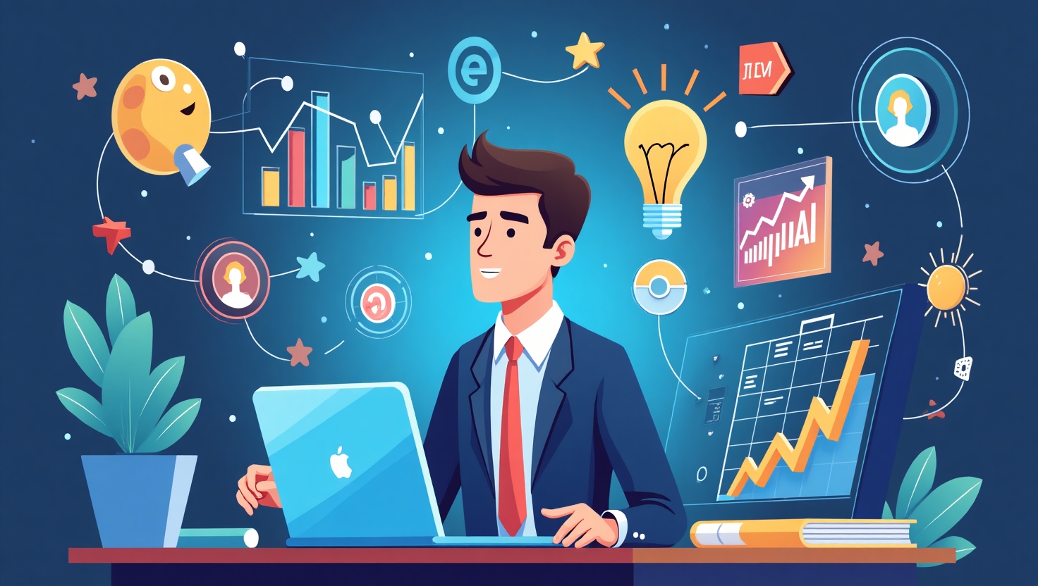 Illustration carrée en flat design représentant un professionnel du marketing entouré d’éléments digitalisés comme des graphiques, des symboles d’intelligence artificielle et des écrans interactifs, avec des flux de données et des icônes de personnalisation qui convergent vers lui, ambiance innovante et dynamique, couleurs vives inspirées de la palette FeedMaker (#54387D, #3E408D, #3C579D, #47C0B4, #58A17B, #80D07E, #A5DA6F, #E1A65F, #EFCA5E, #EBE263).