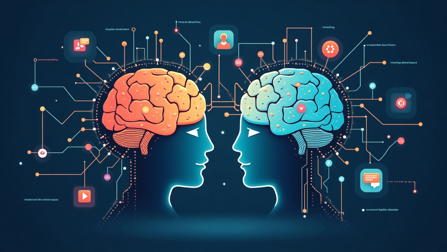 L’IA transforme le storytelling marketing : révolution ou simple évolution ? Illustration carrée en flat design sophistiqué illustrant un storytelling marketing en pleine évolution, avec des éléments symbolisant l'interaction entre l'humain et la machine. Représentation abstraite d'un cerveau fusionné avec des circuits numériques, émettant des ondes émotionnelles et narratives, entouré de symboles de personnalisation, de données et d'engagement. L’ambiance doit évoquer à la fois innovation, experts et pédagogie, avec une palette de couleurs inspirée de FeedMaker (#54387D, #3E408D, #3C579D, #47C0B4, #58A17B, #80D07E, #A5DA6F, #E1A65F, #EFCA5E, #EBE263). Style épuré, moderne, avec une touche légèrement inspirante pour illustrer la fusion entre technologie et humanité dans le storytelling de 2025.