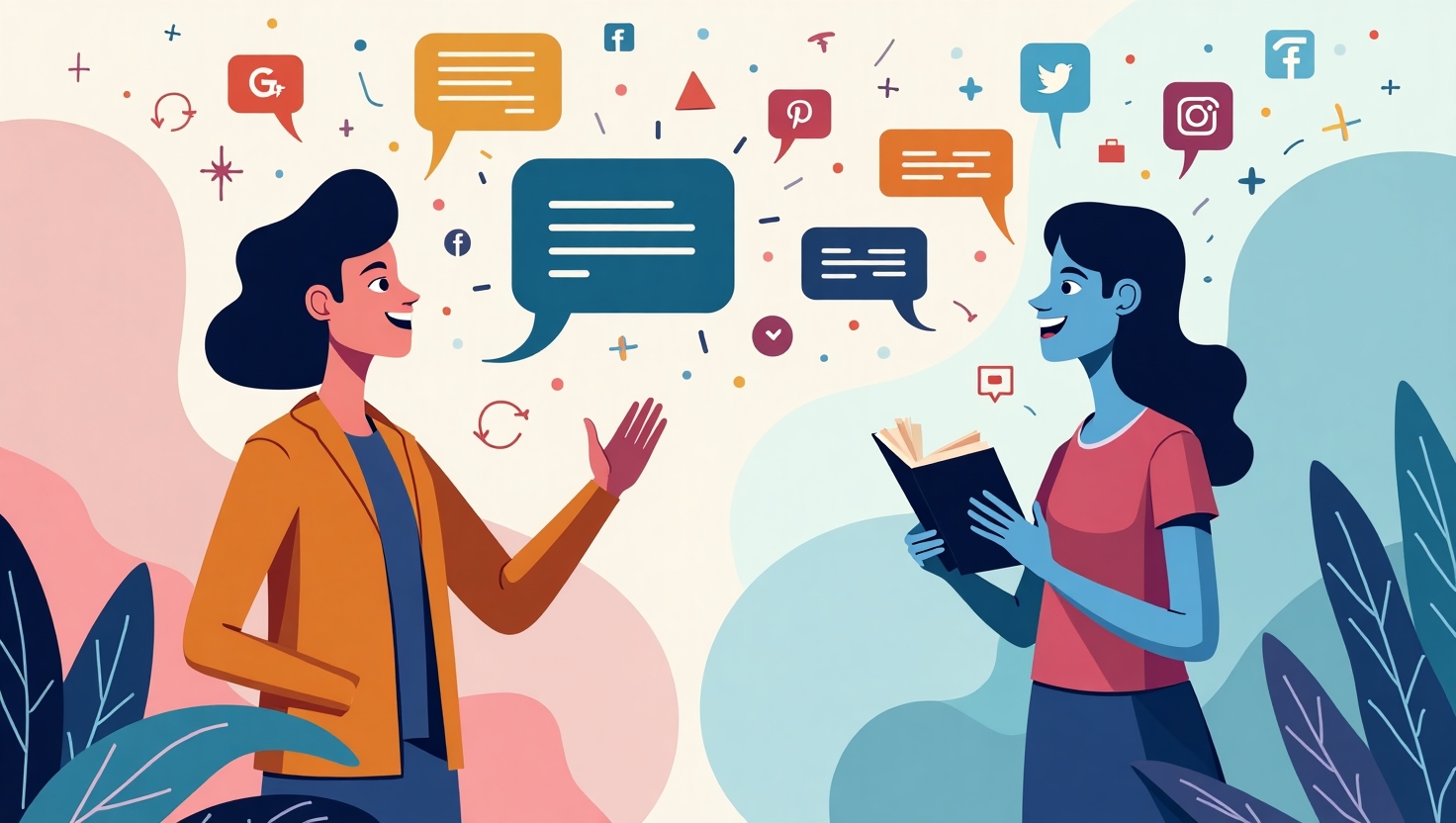 Illustration carrée en style digital art illustratif montrant un storyteller humain et une intelligence artificielle se complétant pour créer un contenu social media, avec des éléments symbolisant la narration comme un livre ouvert, des bulles de dialogue, et des icônes de réseaux sociaux, avec une ambiance innovante, dynamique et équilibrée. Utilisez une palette de couleurs inspirée de FeedMaker : #54387D, #3E408D, #3C579D, #47C0B4, #58A17B, #80D07E, #A5DA6F, #E1A65F, #EFCA5E, #EBE263.