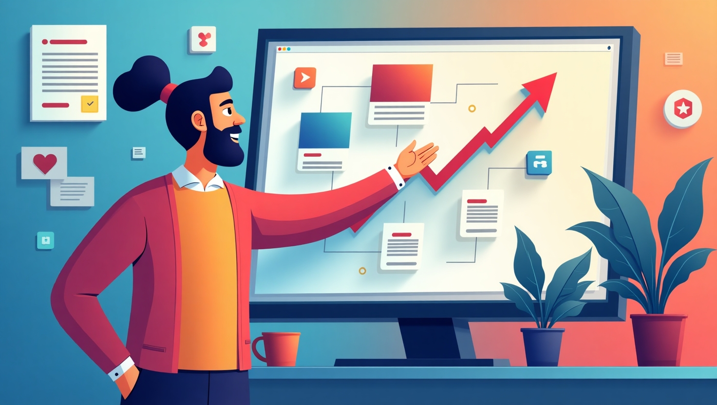 Illustration carrée en style digital dynamique représentant un marketer charismatique en train de créer du contenu viral sur un grand écran, entouré d’icônes de réseaux sociaux, avec des éléments graphiques évoquant la croissance et l’énergie, dans une atmosphère moderne et inspirante. La palette de couleurs doit s’inspirer de la palette FeedMaker (#54387D, #3E408D, #3C579D, #47C0B4, #58A17B, #80D07E, #A5DA6F, #E1A65F, #EFCA5E, #EBE263) pour créer une ambiance captivante et professionnelle.