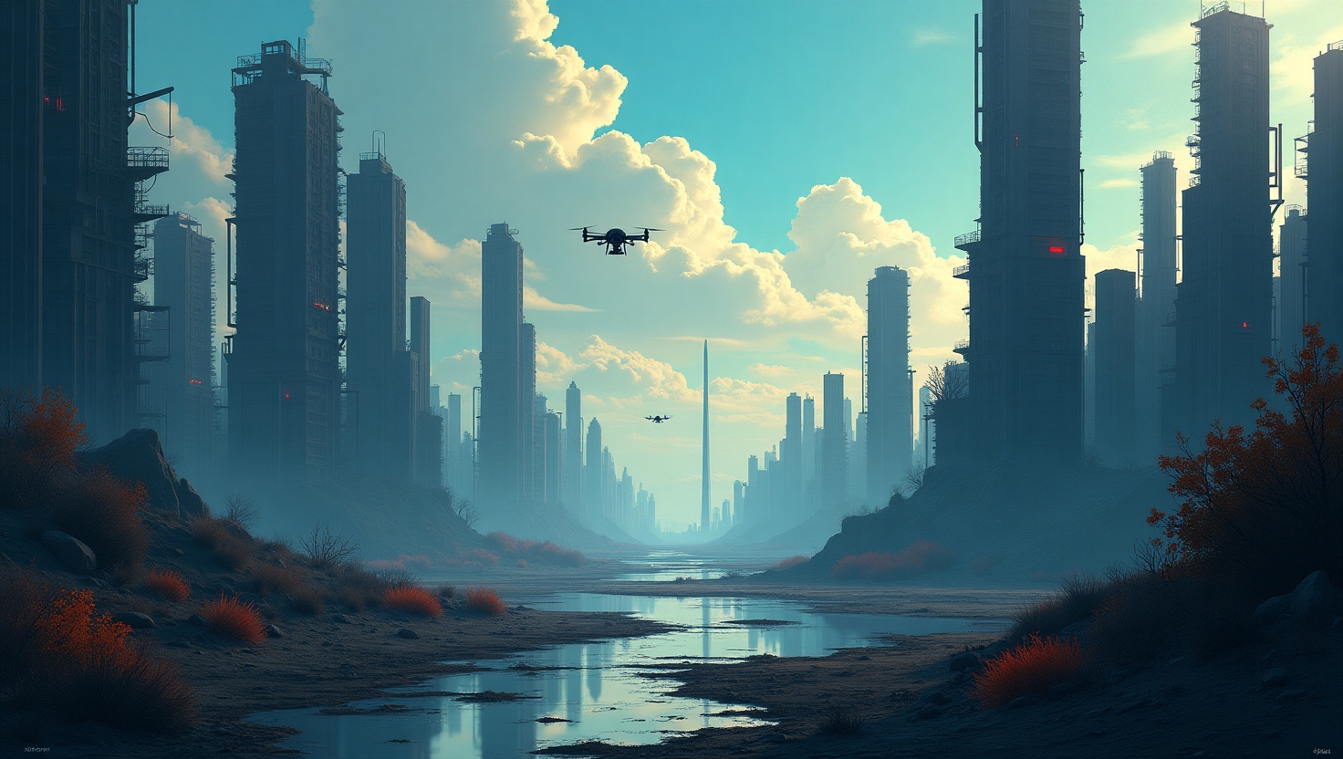 Illustration carrée en style digital dystopique mêlant futur technologique et environnement dégradé, représentant un paysage post-apocalyptique avec des buildings en ruine envahis par la nature, des drones surveillant un ciel orageux, et des éléments évoquant l'intelligence artificielle comme des circuits et hologrammes, ambiance sombre mais captivante, couleurs inspirées de la palette FeedMaker (#54387D, #3E408D, #3C579D, #47C0B4, #58A17B, #80D07E, #A5DA6F, #E1A65F, #EFCA5E, #EBE263).