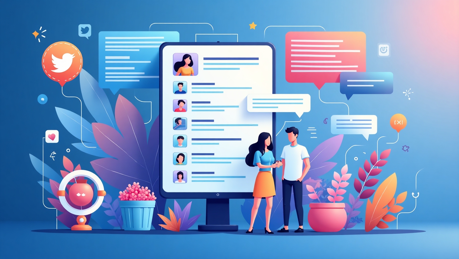 Illustration carrée en style digital futuriste montrant une interface de Twitter avec des éléments de personnalisation, d'engagement et de visibilité, intégrant des icônes de crochets, likes, et partages entourés de flux de tweets stylisés, avec une ambiance professionnelle et innovante. Utilisez une palette de couleurs inspirée de FeedMaker (#54387D, #3E408D, #3C579D, #47C0B4, #58A17B, #80D07E, #A5DA6F, #E1A65F, #EFCA5E, #EBE263), mettant en avant une esthétique moderne, claire et dynamique, en format paysage.