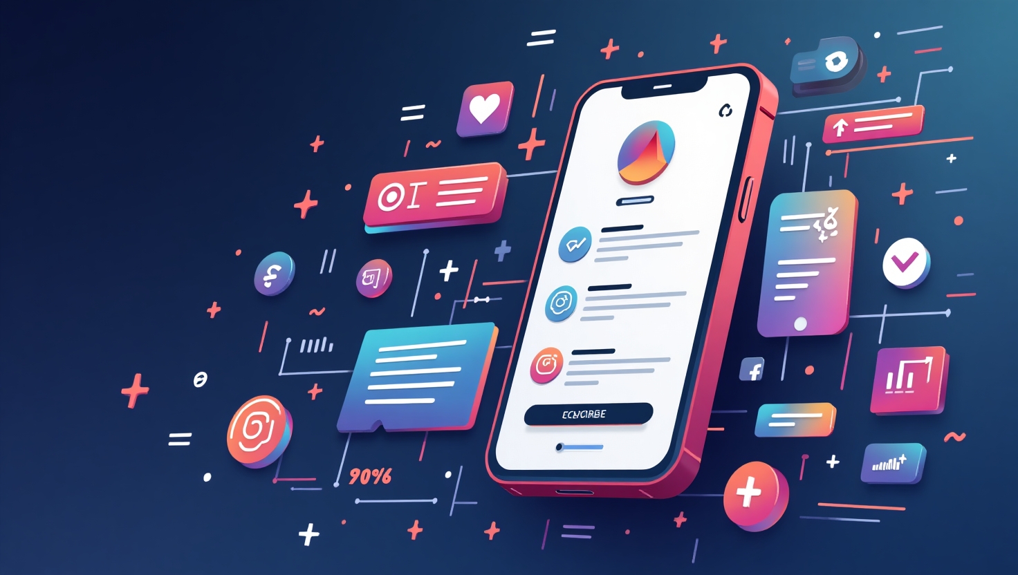 Illustration carrée en style digital moderne montrant un smartphone avec l'interface d'Instagram affichant l'onglet Explorer, entouré d'éléments visuels représentatifs de l'IA générative comme des formes abstraites, des failles numériques et des flux de données, avec une ambiance futuriste et innovante. Utiliser une palette de couleurs inspirée de FeedMaker : #54387D, #3E408D, #3C579D, #47C0B4, #58A17B, #80D07E, #A5DA6F, #E1A65F, #EFCA5E, #EBE263, pour évoquer la révolution technologique et la transformation de la découverte de contenu.