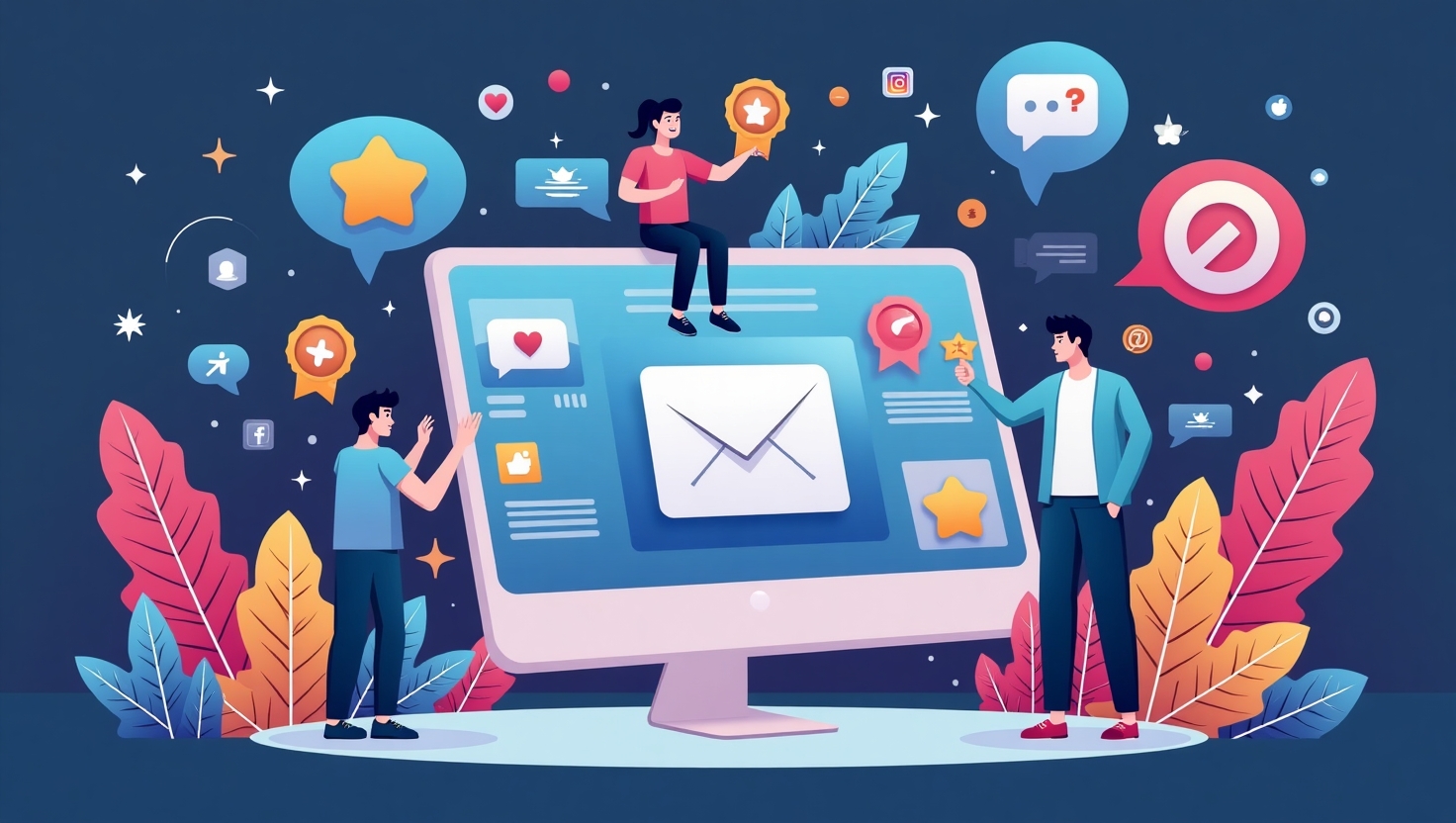 Illustration carrée en style digital moderne montrant une scène dynamique où des utilisateurs interagissent avec des éléments de gamification comme des scores, des défis, des récompenses et des badges, intégrés harmonieusement dans un environnement social virtuel avec des icônes et symboles représentant différents réseaux sociaux, ambiance engageante et innovante, couleurs vives inspirées de la palette FeedMaker (#54387D, #3E408D, #3C579D, #47C0B4, #58A17B, #80D07E, #A5DA6F, #E1A65F, #EFCA5E, #EBE263).