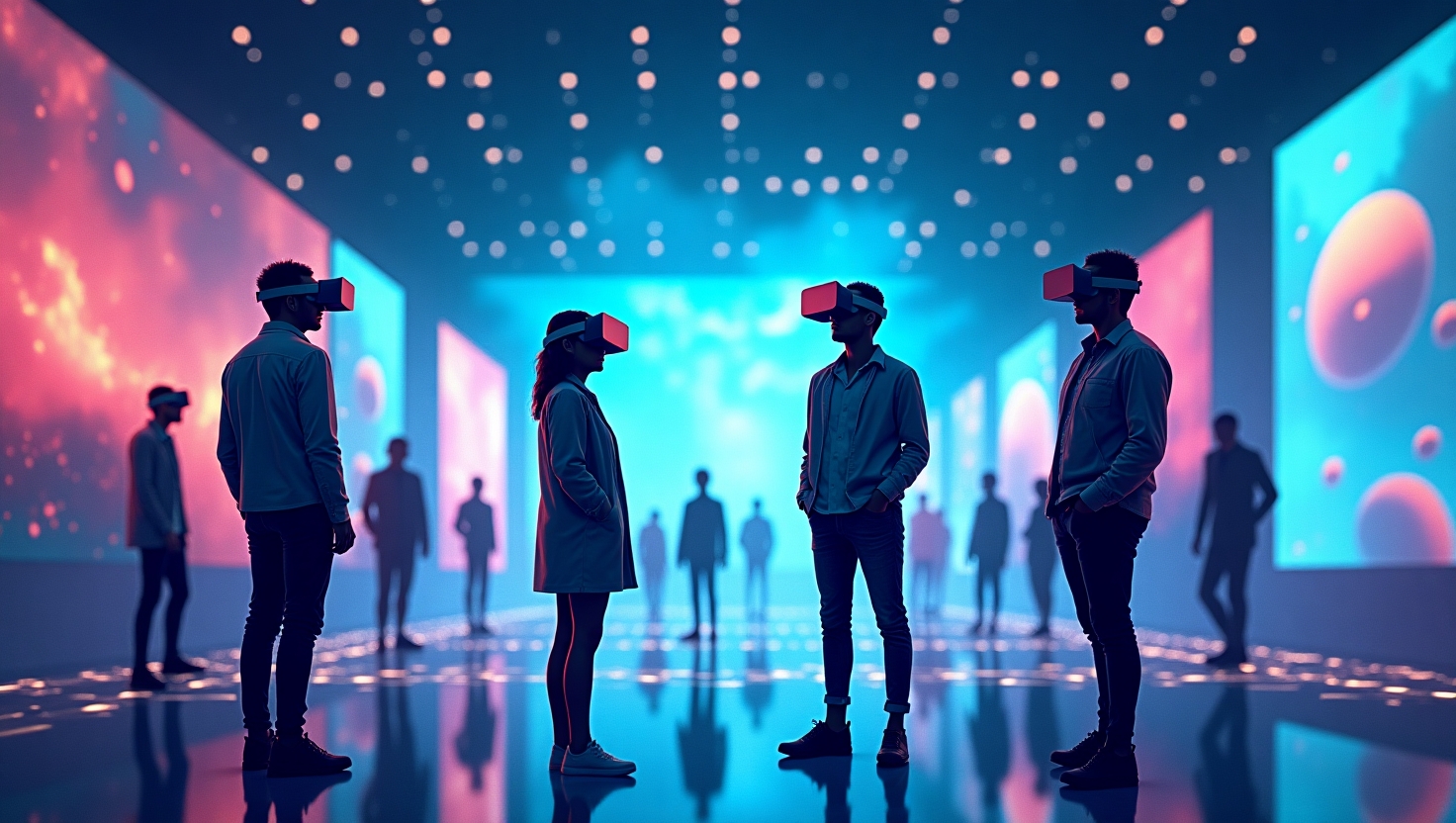 Illustration carrée en style digital moderne représentant une scène immersive intégrant réalité virtuelle et augmentée avec des éléments de narration interactifs, comme des utilisateurs portant des casques VR explorant des univers numériques enrichis par des effets volumétriques et des interfaces holographiques. La palette de couleurs inclut des tons bleus, violets, verts et dorés inspirés de la palette FeedMaker (#54387D, #3E408D, #3C579D, #47C0B4, #58A17B, #80D07E, #A5DA6F, #E1A65F, #EFCA5E, #EBE263), pour une ambiance innovante, future et dynamique, soulignant l’interactivité et l’engagement dans le storytelling de demain.