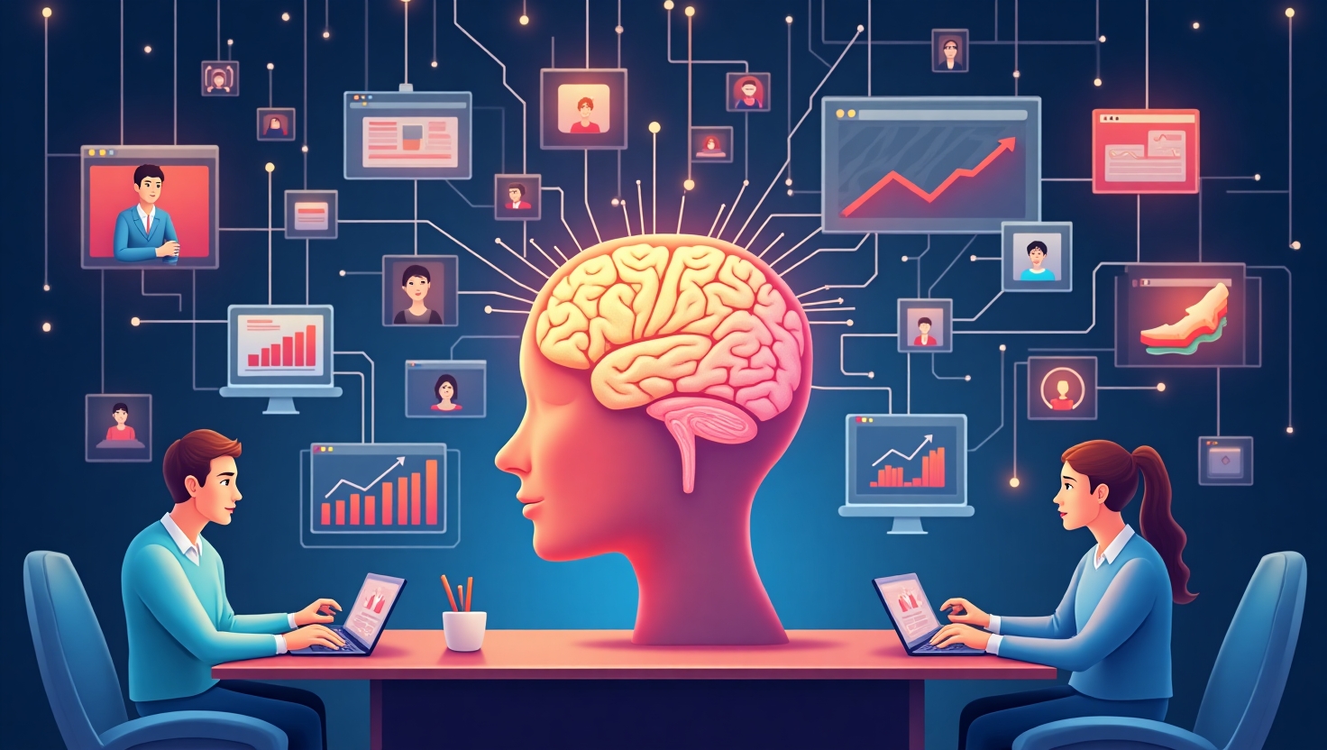 Illustration carrée en style flat design professionnel représentant une scène de marketing digital futuriste en 2025, avec des éléments symbolisant l'IA générative : un cerveau numérique brillant connecté à des écrans affichant des campagnes publicitaires, des graphiques d'analyse en temps réel, et des icônes de personnalisation avancée, le tout dans une ambiance à la fois technologique et stratégique. Inclure des visages diversifiés de marketers concentrés, symbolisant la Collaboration entre l'homme et la machine, avec une palette de couleurs inspirée de FeedMaker (#54387D, #3E408D, #3C579D, #47C0B4, #58A17B, #80D07E, #A5DA6F, #E1A65F, #EFCA5E, #EBE263). L’atmosphère doit évoquer à la fois innovation et prudence, soulignant la réussite et les risques de cette révolution. La composition doit être claire, dynamique et pédagogique, idéale pour illustrer un article expert et accessible sur l’impact de l’IA en marketing digital.