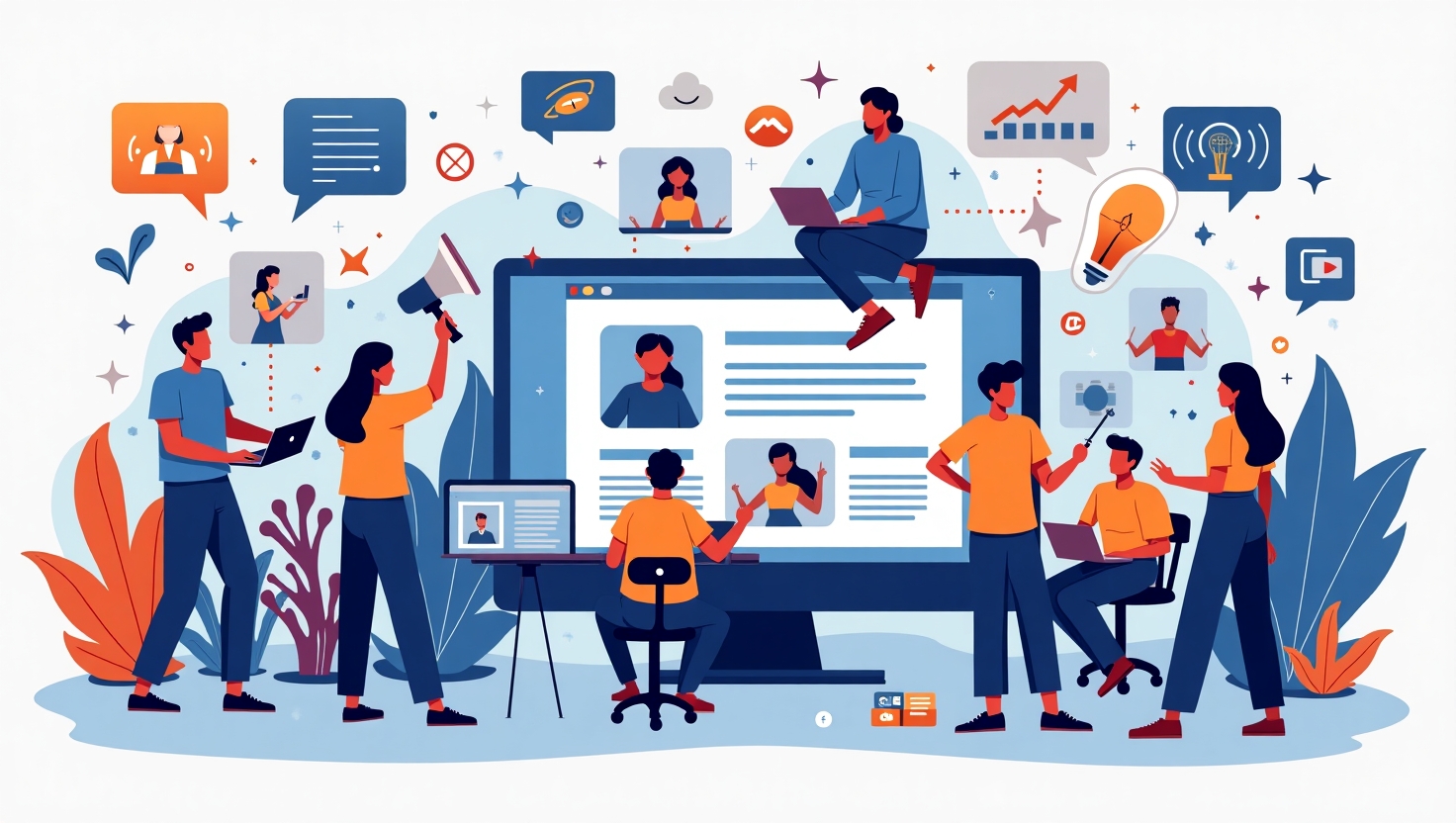 Illustration carrée en style futuriste et dynamique montrant des créateurs de contenu utilisant des outils innovants sur une plateforme social media, avec des éléments visuels représentant l'IA générative, l'audio spatial, et la monétisation. Includes des icônes symbolisant la viralité et la stratégie marketing, dans une ambiance technologique et avant-gardiste, avec une palette de couleurs inspirée de FeedMaker (#54387D, #3E408D, #3C579D, #47C0B4, #58A17B, #80D07E, #A5DA6F, #E1A65F, #EFCA5E, #EBE263).