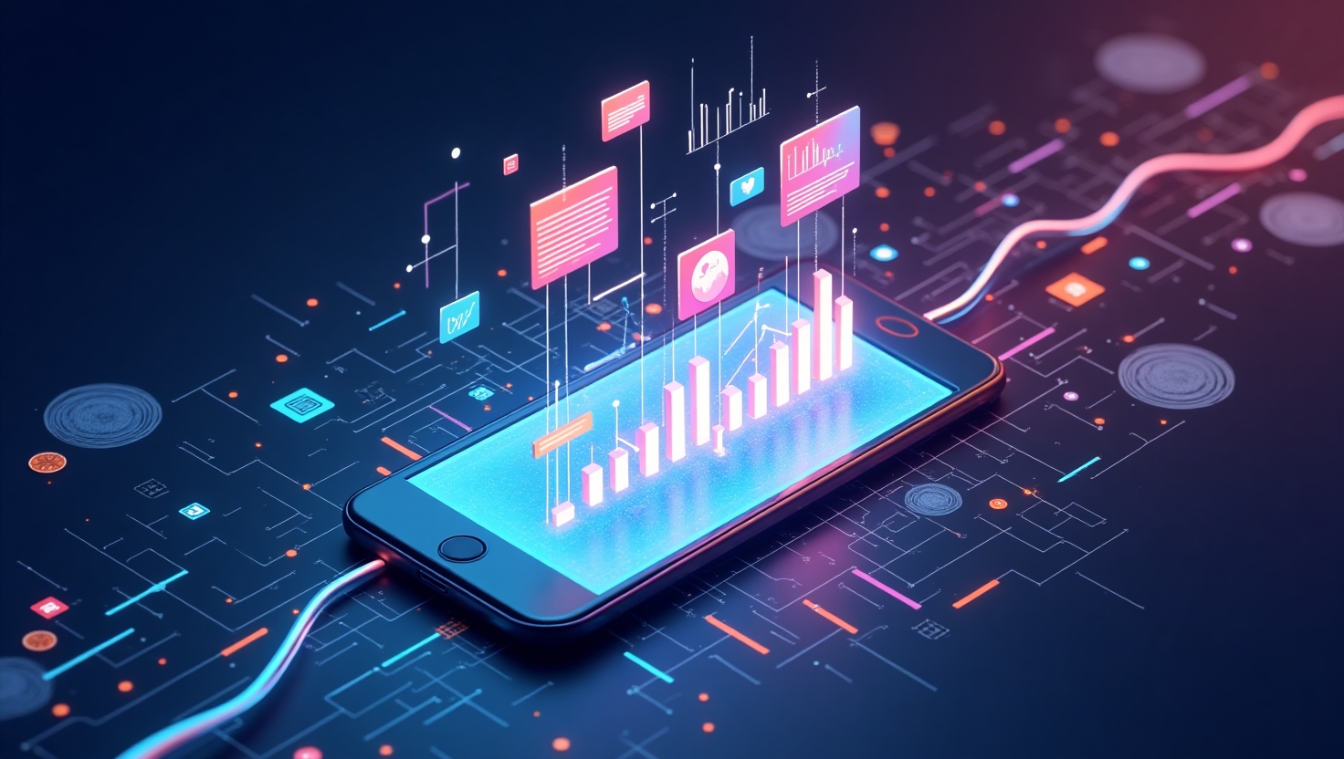 Illustration carrée en style futuriste et dynamique représentant une scène numérique où un grand smartphone ou un écran holographique affiche un flux de tendances et d'influenceurs émergents, entouré de lignes de code, de graphismes de données et d'icônes sociales flottant dans un fond aux couleurs inspirées de la palette FeedMaker (#54387D, #3E408D, #3C579D, #47C0B4, #58A17B, #80D07E, #A5DA6F, #E1A65F, #EFCA5E, #EBE263), évoquant le pouvoir de l'intelligence artificielle pour analyser et synthétiser les tendances en temps réel, ambiance technologique innovante et énergique, style illustration moderne et numérique.