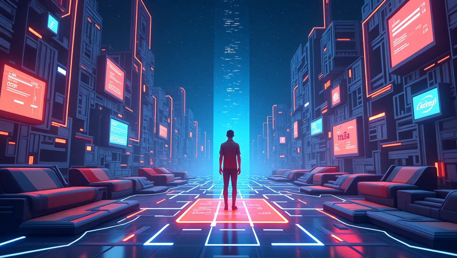 Illustration carrée en style futuriste et immersif montrant une narration digitale mêlant réalité augmentée et virtuelle, avec des éléments visuels de micro-histoires flowant dans un espace interactif. Intégration de technologies AR et VR entourant des créateurs ou marques innovantes, avec des éléments de gamification (boutons, scores, interactions) en palette de couleurs inspirée de FeedMaker (#54387D, #3E408D, #3C579D, #47C0B4, #58A17B, #80D07E, #A5DA6F, #E1A65F, #EFCA5E, #EBE263), ambiance dynamique, futuriste et créative, pour illustrer la transformation du storytelling numérique avec l’IA.