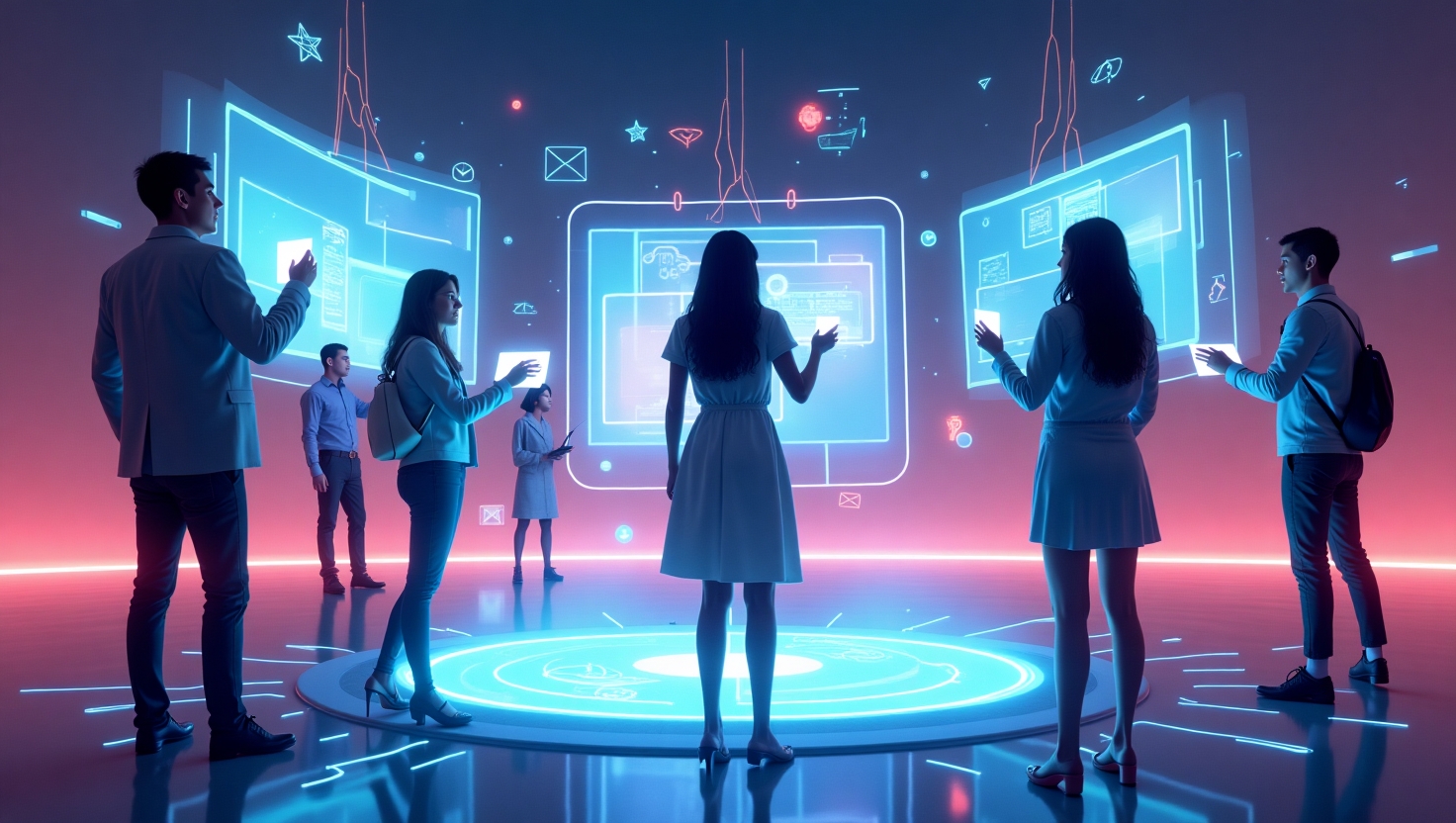 Illustration carrée en style futuriste et immersif montrant une scène de storytelling interactif intégrant des éléments de réalité virtuelle et augmentée, avec des personnages en immersion dans un univers numérique vibrant, entourés d'écrans holographiques et de symboles d'interaction. L'ambiance doit évoquer l'innovation technologique, la créativité et l'engagement, avec une palette de couleurs inspirée de FeedMaker (#54387D, #3E408D, #3C579D, #47C0B4, #58A17B, #80D07E, #A5DA6F, #E1A65F, #EFCA5E, #EBE263).