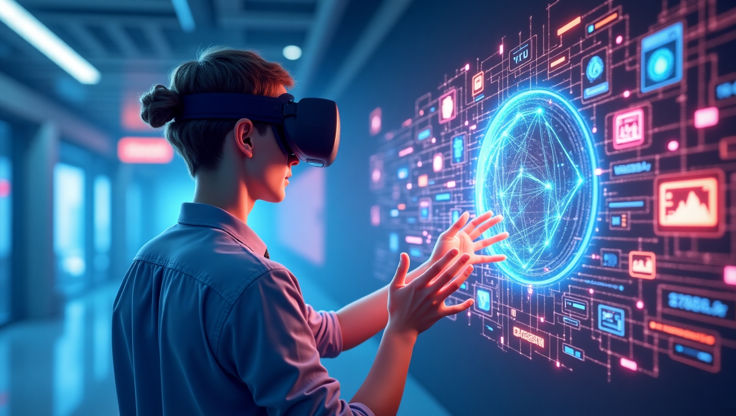 Illustration carrée en style futuriste et numérique montrant une scène immersive où un utilisateur porte un casque de réalité augmentée, interagissant avec des éléments holographiques et virtuels autour de lui, intégrant des motifs de jeux interactifs et des interfaces dynamiques alimentées par l'IA, avec une ambiance à la fois professionnelle et innovante, utilisant une palette de couleurs inspirée de FeedMaker (#54387D, #3E408D, #3C579D, #47C0B4, #58A17B, #80D07E, #A5DA6F, #E1A65F, #EFCA5E, #EBE263).
