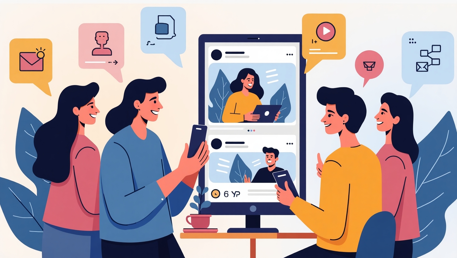 Illustration carrée en style moderne et dynamique montrant plusieurs créateurs de contenu devant leurs smartphones affichant des Stories Instagram, avec des liens sponsorisés visibles et interactifs qui sortent de l'écran, entourés d’éléments graphiques évoquant la monétisation, la connexion et l’engagement, dans une ambiance vibrante et innovante. La palette de couleurs est inspirée des tons FeedMaker : #54387D, #3E408D, #3C579D, #47C0B4, #58A17B, #80D07E, #A5DA6F, #E1A65F, #EFCA5E, #EBE263.