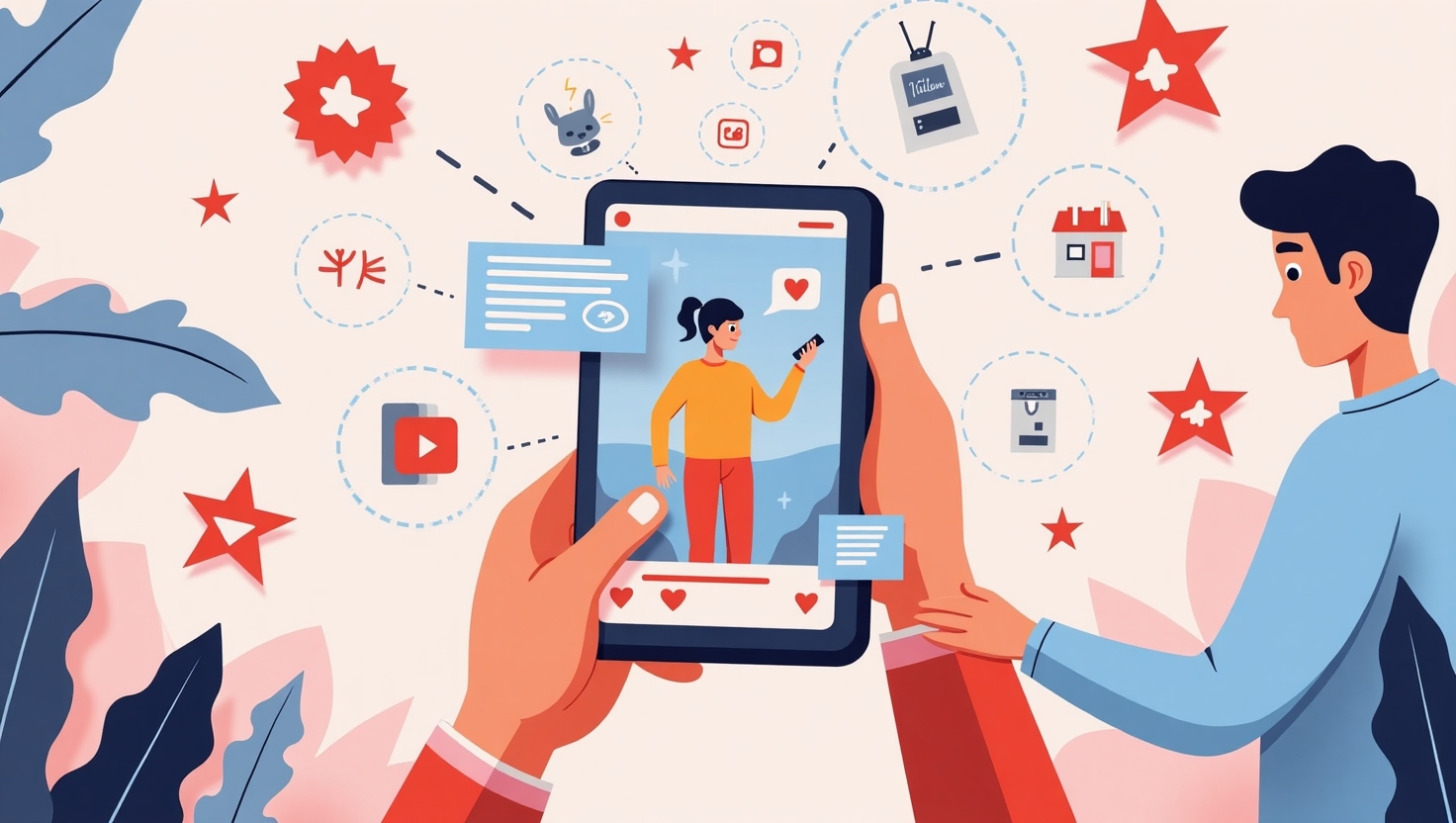 Illustration carrée en style moderne et dynamique représentant des créateurs de contenu en train de partager leurs Stories sur Instagram, avec des liens sponsorisés visibles sous forme de boutons clairs et attrayants. La scène montre un smartphone affichant une Story colorée avec des éléments visuels liés à la monétisation, entouré d’icônes de clic, de flèches de conversion, et de symboles de croissance. L’ambiance doit être positive et innovante, mettant en avant la démocratisation de la monétisation pour tous. Palette de couleurs inspirée de FeedMaker (#54387D, #3E408D, #3C579D, #47C0B4, #58A17B, #80D07E, #A5DA6F, #E1A65F, #EFCA5E, #EBE263).