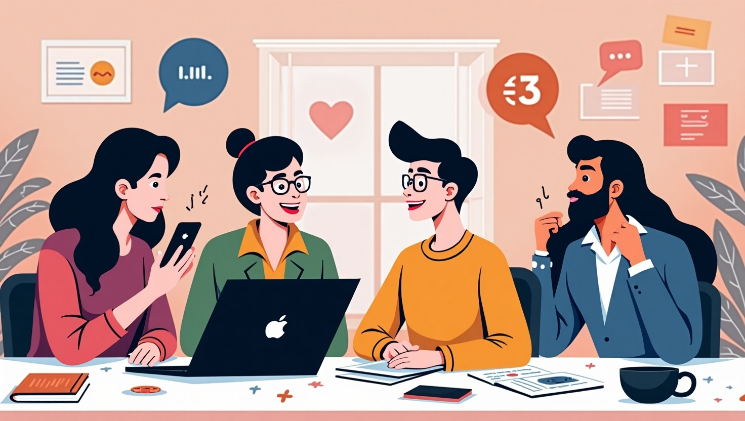Illustration carrée en style moderne et dynamique représentant quatre créateurs de contenu lors d’un live collaboratif sur TikTok, interagissant en vidéo dans un espace partagé, avec des éléments graphiques évoquant la viralité, l’engagement et la collaboration. L’ambiance est professionnelle mais énergique, avec des couleurs inspirées de la palette FeedMaker (#54387D, #3E408D, #3C579D, #47C0B4, #58A17B, #80D07E, #A5DA6F, #E1A65F, #EFCA5E, #EBE263), mettant en valeur la synergie entre créateurs, dans un décor numérique moderne illustrant le monde social media et le live interactif.