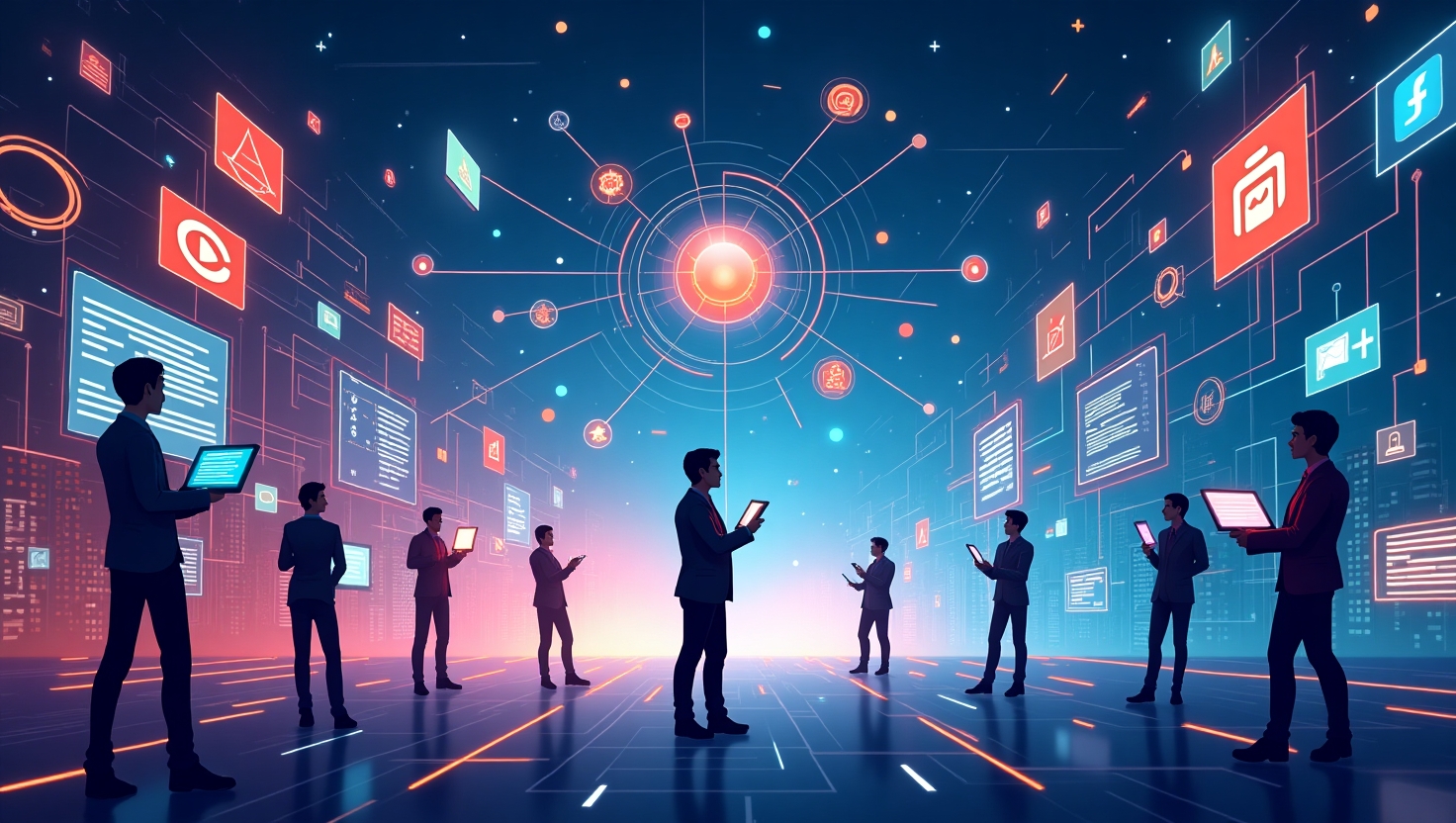 Illustration carrée en style moderne et dynamique représentant une scène futuriste de marketing digital en 2025. Au centre, un réseau complexe d’éléments visuels symbolisant l’IA générative, des icônes de chatbots, des flux de données ultra-connectés, des écrans avec contenus vidéo et audio innovants, et des représentations de contenus générés par utilisateurs et créateurs. En arrière-plan, des éléments évoquant les réseaux sociaux en pleine évolution, avec des silhouettes de professionnels du marketing analysant ces tendances. La palette de couleurs inspirée de la palette FeedMaker (#54387D, #3E408D, #3C579D, #47C0B4, #58A17B, #80D07E, #A5DA6F, #E1A65F, #EFCA5E, #EBE263) apporte une ambiance technologique, évolutive et engagée, avec des touches lumineuses pour souligner l’innovation et le mouvement constant du secteur.