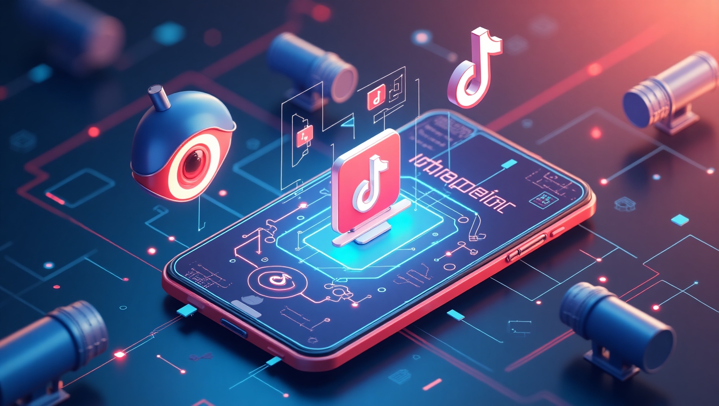 Illustration carrée en style moderne et numérique représentant un smartphone affichant une vidéo TikTok avec des éléments visuels d'intelligence artificielle, de détection automatique et de surveillance, intégrant des motifs de code, d'oeil stylisé et de diagrammes technologiques, dans une ambiance dynamique. Utiliser une palette de couleurs inspirée de la marque FeedMaker (#54387D, #3E408D, #3C579D, #47C0B4, #58A17B, #80D07E, #A5DA6F, #E1A65F, #EFCA5E, #EBE263).