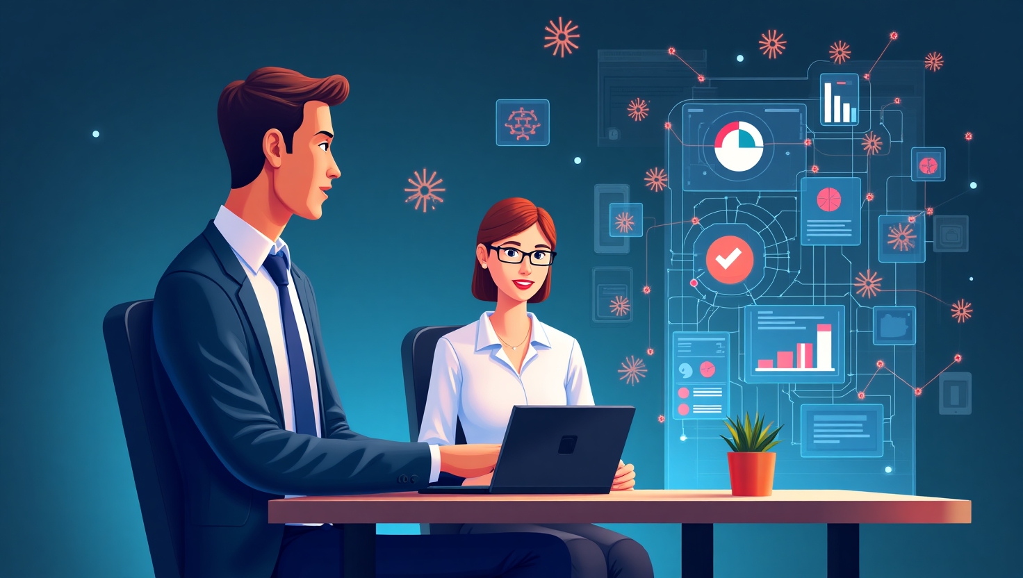 Illustration carrée en style moderne et pédagogique représentant un professionnel du marketing interagissant avec un hologramme complexe montrant des données comportementales, émotionnelles et des recommandations dynamiques, entouré d'éléments symbols de l'intelligence artificielle comme des réseaux neuronaux, des icônes de segmentation et d'analyse prédictive, ambiance innovante et futuriste, palette de couleurs inspirée de FeedMaker (#54387D, #3E408D, #3C579D, #47C0B4, #58A17B, #80D07E, #A5DA6F, #E1A65F, #EFCA5E, #EBE263).
