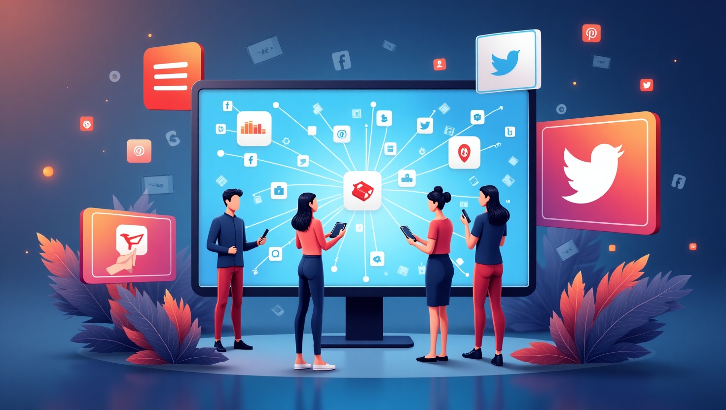 Illustration carrée en style moderne et professionnel représentant un réseau connecté d'influenceurs et de professionnels lors d’un événement virtuel sur une plateforme digitale. Des écrans flottants affichant des interactions, des graphiques et des icônes de réseaux sociaux, avec une ambiance dynamique et innovante. Utilisation d’une palette de couleurs inspirée de FeedMaker (#54387D, #3E408D, #3C579D, #47C0B4, #58A17B, #80D07E, #A5DA6F, #E1A65F, #EFCA5E, #EBE263).