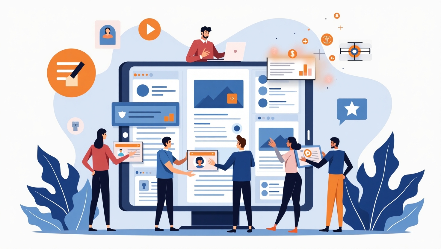 Illustration carrée en style moderne et professionnel montrant une équipe de marketeurs et créatifs travaillant autour d'une grande tablette ou écran numérique affichant plusieurs plateformes de réseaux sociaux avec des éléments de branding cohérents (logos, couleurs, polices). L’image inclut des flux visuels représentant des visuels, vidéos, textes et carrousels harmonisés, avec des éléments graphiques symbolisant la synchronisation et la rapidité comme des flèches en mouvement ou des clocks. La palette de couleurs s’inspire de FeedMaker (#54387D, #3E408D, #3C579D, #47C0B4, #58A17B, #80D07E, #A5DA6F, #E1A65F, #EFCA5E, #EBE263). L’atmosphère est dynamique, innovante et axée sur la facilité d’utilisation, avec un style à la fois numérique et épuré, illustrant la puissance d’un outil capable de gérer plusieurs campagnes simultanément dans un environnement professionnel.