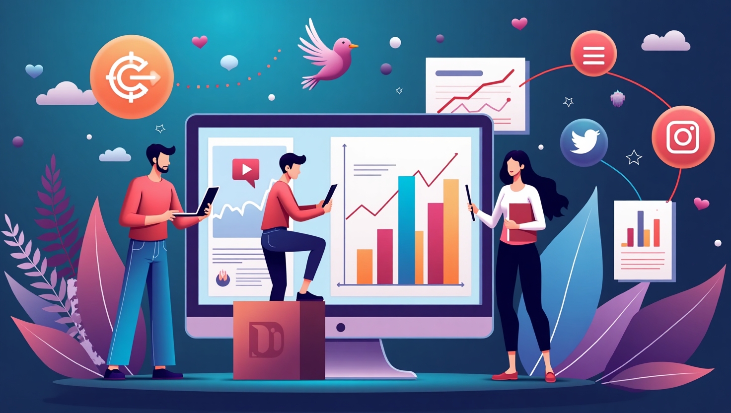 Illustration carrée en style moderne et professionnel représentant une scène dynamique où des créateurs TikTok collaborent avec des marques via des interfaces numériques avancées, affichant des graphiques d’analytics, des icônes de niche et d’engagement, avec un fond technologique fluide aux couleurs inspirées de la palette FeedMaker (#54387D, #3E408D, #3C579D, #47C0B4, #58A17B, #80D07E, #A5DA6F, #E1A65F, #EFCA5E, #EBE263), évoquant innovation, efficacité et croissance dans le marketing d’influence.