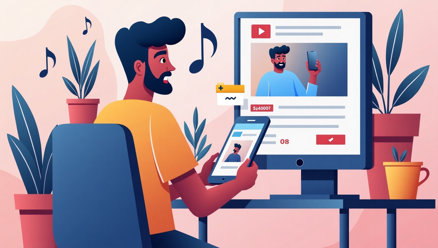 Illustration carrée en style moderne et épuré représentant un créateur de contenu en train d'enregistrer une vidéo courte sur son smartphone, avec des notes de musique flottantes autour, symbolisant des licences musicales. En arrière-plan, une interface numérique évoquant la plateforme Creator Music avec un panier d'achat intégré, ambiance innovante et dynamique, couleurs vives inspirées de la palette FeedMaker (#54387D, #3E408D, #3C579D, #47C0B4, #58A17B, #80D07E, #A5DA6F, #E1A65F, #EFCA5E, #EBE263).