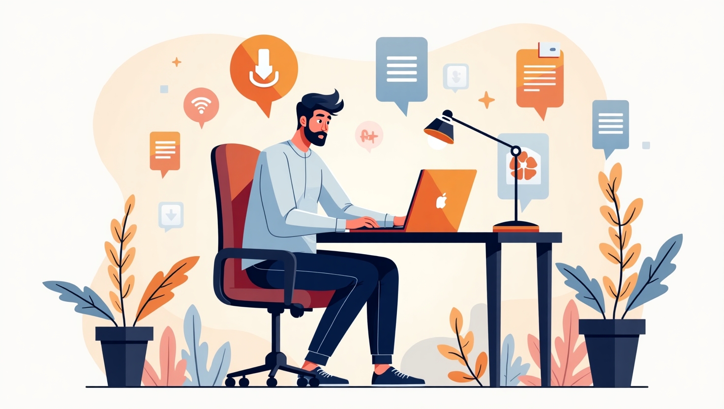 Illustration carrée en style moderne et épuré représentant une scène dynamique avec un créateur de contenu professionnel utilisant un ordinateur portable dans un environnement de bureau moderne, entouré d’éléments visuels évoquant la publicité et la monétisation (icônes de clics, graphiques, notifications) avec des flèches ascendantes symbolisant la croissance et l’innovation. Utiliser une palette de couleurs inspirée de FeedMaker : #54387D, #3E408D, #3C579D, #47C0B4, #58A17B, #80D07E, #A5DA6F, #E1A65F, #EFCA5E, #EBE263, pour une ambiance professionnelle, technologiquement avancée et optimiste.