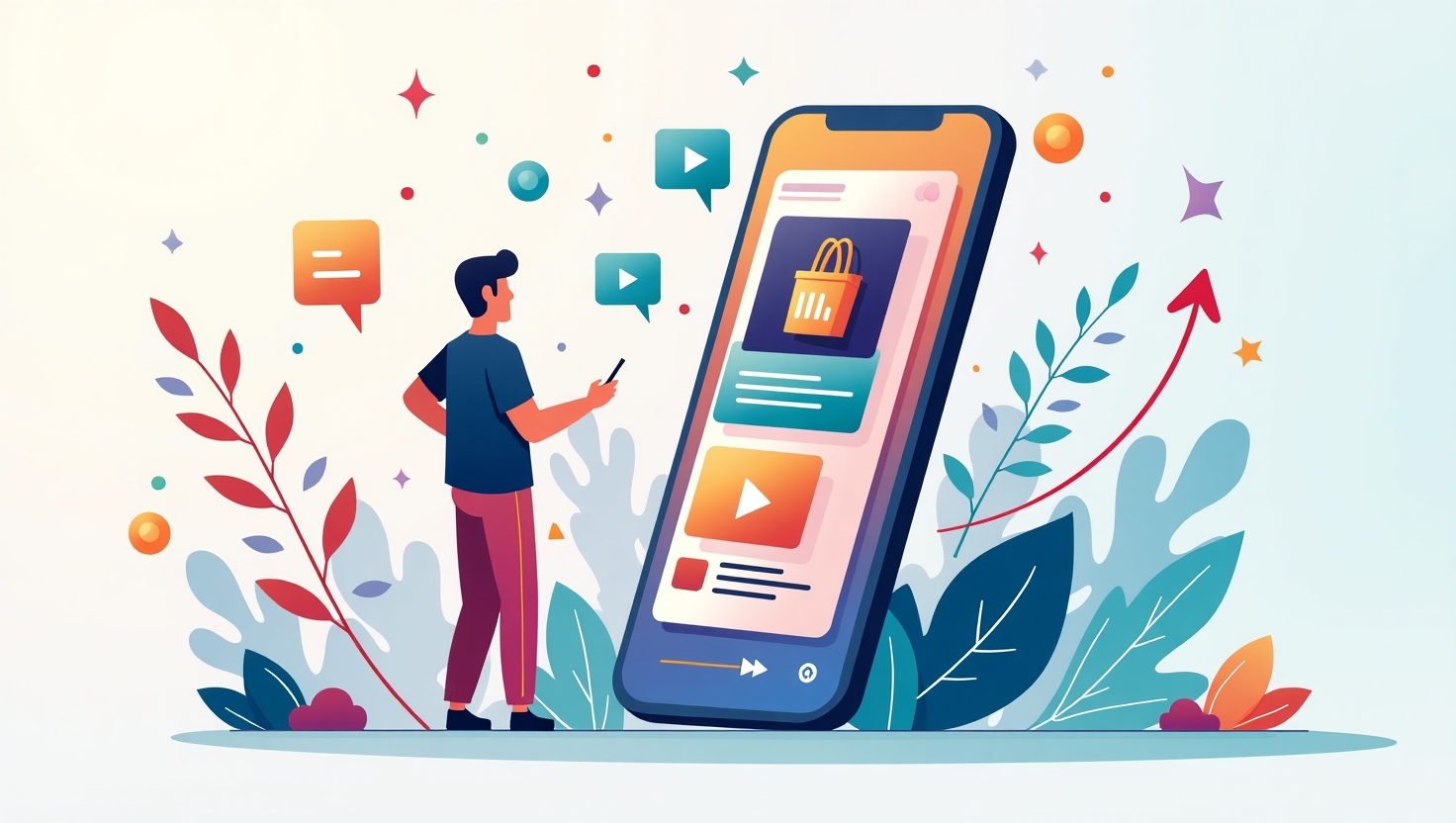 Illustration carrée en style numérique moderne et dynamique, représentant un smartphone affichant un Reel Instagram avec une pub interactive intégrée. Sur l'écran, des icônes de vote, de jeu et d'achat apparaissent en overlay, évoquant l'interactivité et l'engagement. Autour du téléphone, des éléments graphiques abstraits symbolisant la viralité, la croissance et la monétisation, avec des couleurs vives inspirées de la palette FeedMaker (#54387D, #3E408D, #3C579D, #47C0B4, #58A17B, #80D07E, #A5DA6F, #E1A65F, #EFCA5E, #EBE263). L'ambiance est innovante, interactive et tournée vers l'avenir, avec un fond dynamique et épuré.