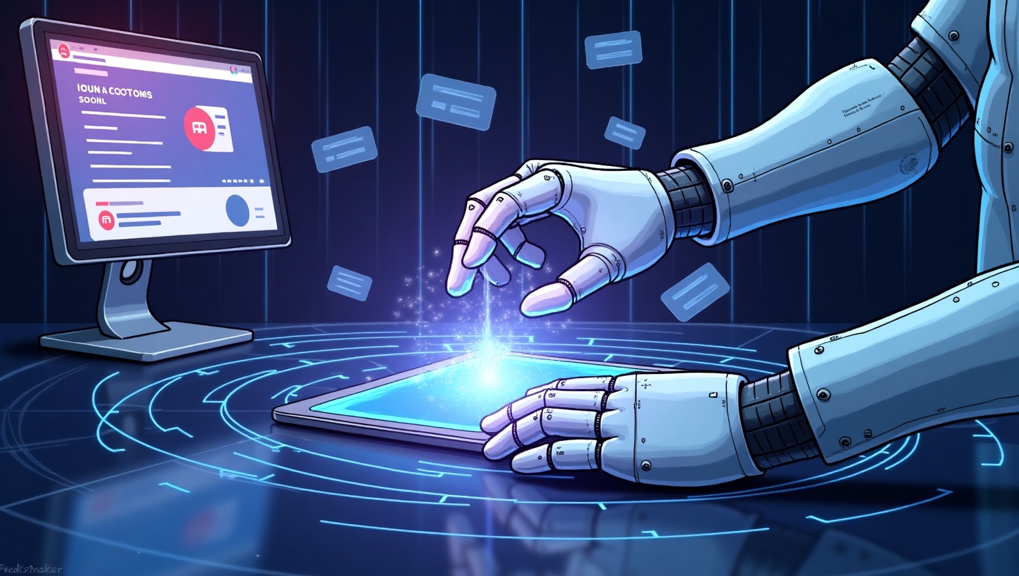 Illustration carrée en style réalisme moderne et épuré représentant une scène numérique avec des images de deepfakes publicitaires flottant autour d'une plateforme de médias sociaux en train de supprimer ces comptes, symbolisée par une grande main ou un robot effectuant une purge, dans un univers technologique futuriste avec des hologrammes et des écrans. La palette de couleurs s'inspire de FeedMaker (#54387D, #3E408D, #3C579D, #47C0B4, #58A17B, #80D07E, #A5DA6F, #E1A65F, #EFCA5E, #EBE263). L’ambiance doit transmettre à la fois la technicité, la transparence et la sérieux de la démarche, évoquant une révolution dans la régulation de l’IA publicitaire.