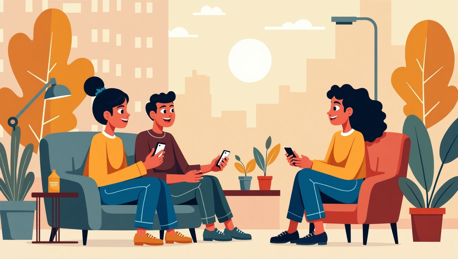 Illustration carrée en style réaliste avec une ambiance authentique et spontanée, montrant des créateurs de contenu en train de filmer ou prendre des selfies dans des environnements décontractés, avec des expressions naturelles et sincères, entourés d'éléments visuels évoquant la simplicité et l'imperfection. La scène doit inclure des smartphones, des arrière-plans urbains ou domestiques, avec une palette de couleurs inspirée de FeedMaker (#54387D, #3E408D, #3C579D, #47C0B4, #58A17B, #80D07E, #A5DA6F, #E1A65F, #EFCA5E, #EBE263), transmettant une atmosphère chaleureuse, émotionnelle et contemporaine, dans un style moderne, naturel et engageant.
