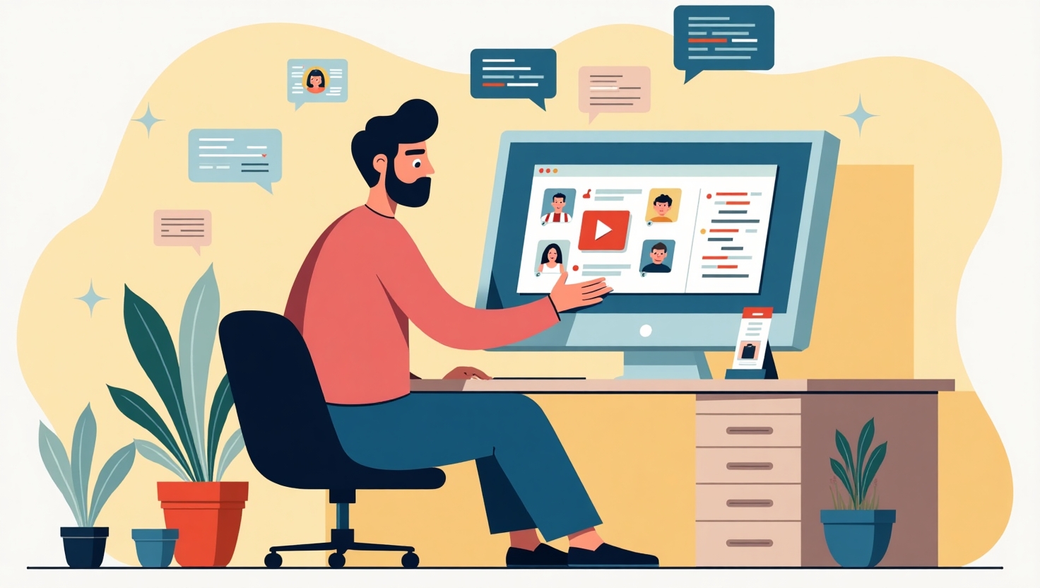 Illustration carrée en style réaliste et chaleureux représentant un community manager ou un créateur de contenu assis devant un écran d'ordinateur, entouré d'icônes et de bulles de dialogue illustrant l'interaction et la connexion avec une communauté engagée. La scène dégage une ambiance authentique, humaine et dynamique, avec des couleurs inspirées de la palette FeedMaker (#54387D, #3E408D, #3C579D, #47C0B4, #58A17B, #80D07E, #A5DA6F, #E1A65F, #EFCA5E, #EBE263), mettant en avant un espace de travail organisé et inspirant, symbolisant la fidélisation intelligente et personnalisée de la communauté sans perte d’authenticité.