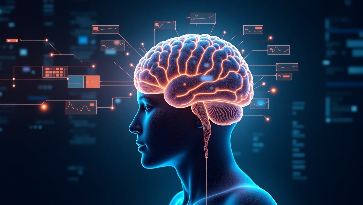 Illustration carrée en style réaliste et futuriste représentant un cerveau humain fusionné avec des éléments numériques et des interfaces holographiques, symbolisant l'IA lisant dans les pensées et anticipant les besoins. Autour, des profils de consommateurs interagissent avec des écrans et des segments de données dynamiques, évoquant la personnalisation hyper avancée. L'ambiance doit être sophistiquée, innovante, avec une palette de couleurs inspirée de FeedMaker (#54387D, #3E408D, #3C579D, #47C0B4, #58A17B, #80D07E, #A5DA6F, #E1A65F, #EFCA5E, #EBE263), mettant en avant la convergence entre intelligence humaine et technologique. Mettez en valeur une atmosphère de progrès et d'équilibre entre innovation et éthique, dans un contexte de marketing de demain.