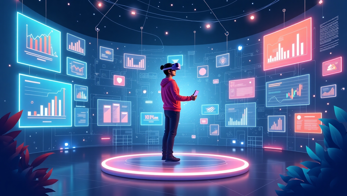 Illustration carrée en style réaliste futuriste montrant une scène immersive de marketing digital en 2025, avec un utilisateur portant un casque de réalité virtuelle interagissant avec un environnement virtuel interactif de produits et d'événements, entouré d'éléments holographiques, d'écrans virtuels affichant des statistiques et des campagnes publicitaires dynamiques, ambiance innovante et engageante, palette de couleurs inspirée de FeedMaker (#54387D, #3E408D, #3C579D, #47C0B4, #58A17B, #80D07E, #A5DA6F, #E1A65F, #EFCA5E, #EBE263).