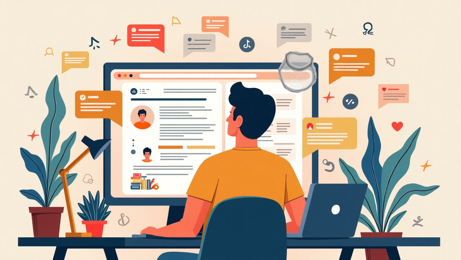 Illustration carrée en style semi-réaliste coloré montrant un créateur de contenu devant un ordinateur avec un tableau de bord numérique interactif, entouré de notifications de réseaux sociaux, avec des éléments illustrant l'engagement et la fidélisation comme des cœurs, des pouces levés et des abonnés devenus fans. La scène dégage une ambiance chaleureuse et confiante, mettant en valeur la connexion authentique et efficace entre l'individu et sa communauté. Utiliser une palette de couleurs inspirée de FeedMaker (#54387D, #3E408D, #3C579D, #47C0B4, #58A17B, #80D07E, #A5DA6F, #E1A65F, #EFCA5E, #EBE263).