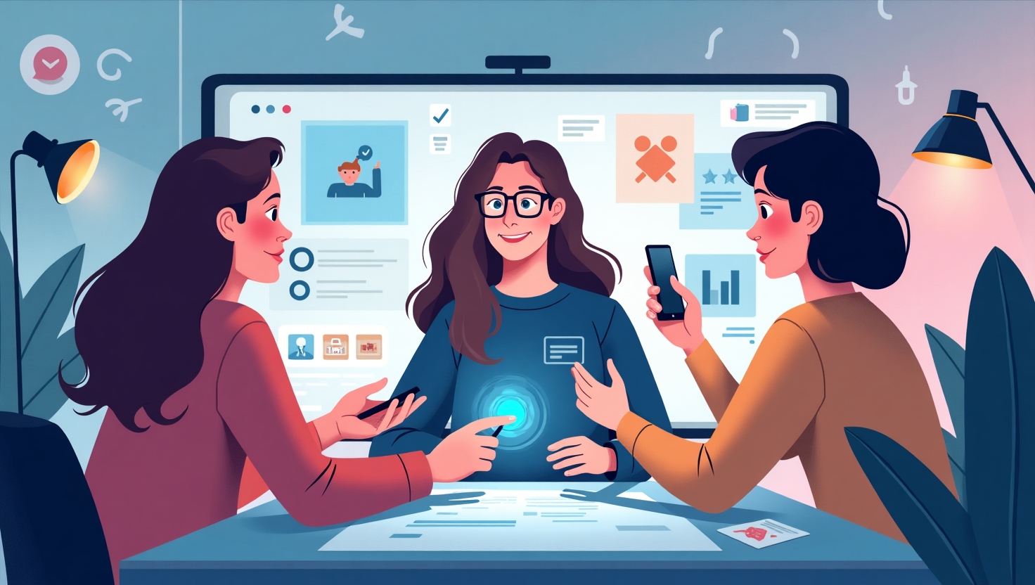 Illustration carrée en style semi-réaliste et inspirant représentant trois créateurs de contenu innovants en 2025, utilisant l'intelligence artificielle pour transformer leur présence en ligne. Montrer une diversité de profils dans un environnement dynamique mêlant éléments de réseaux sociaux, interfaces numériques, et touches de réalité augmentée immersive. Incorporer des symboles d'authenticité et de créativité humaine, comme des outils artistiques, des gestes personnels, et des hologrammes interactifs. La scène doit évoquer l'innovation, la croissance et la collaboration entre l'humain et la technologie, avec une palette de couleurs inspirée de FeedMaker (#54387D, #3E408D, #3C579D, #47C0B4, #58A17B, #80D07E, #A5DA6F, #E1A65F, #EFCA5E, #EBE263) pour une ambiance positive et motivante.