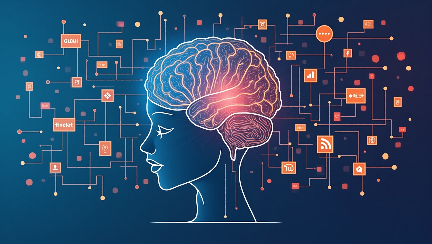 Illustration carrée représentant la convergence entre l'intelligence artificielle et la viralité sur les réseaux sociaux, avec des éléments visuels symbolisant la rapidité de création de contenu, la personnalisation et la diffusion massive. Inclure un cerveau stylisé connecté à des icônes de réseaux sociaux, des flux de données digitalisés, et des interactions humaines, dans un style numérique professionnel et épuré. Utiliser une palette de couleurs inspirée de FeedMaker (#54387D, #3E408D, #3C579D, #47C0B4, #58A17B, #80D07E, #A5DA6F, #E1A65F, #EFCA5E, #EBE263) pour renforcer l’aspect contemporain et tech. L'ambiance doit suggérer à la fois innovation, défi, et réflexion critique sur l'évolution des stratégies de viralité digitale.