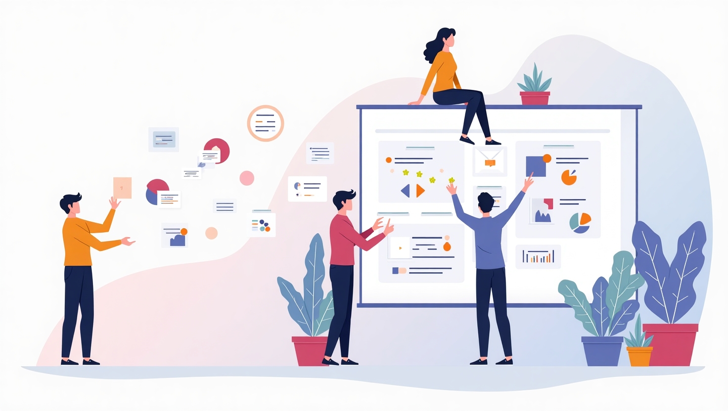 Illustration carrée représentant un créateur de contenu ou une équipe en train de concevoir une expérience interactive sur un grand écran ou un tableau blanc digital, avec des éléments visuels tels que sondages, quiz, choix multiples, parcours personnalisés flottant autour, dans une ambiance dynamique et créative. Style moderne en flat design, utilisant une palette de couleurs inspirée de FeedMaker (#54387D, #3E408D, #3C579D, #47C0B4, #58A17B, #80D07E, #A5DA6F, #E1A65F, #EFCA5E, #EBE263), pour illustrer l’innovation et la stratégie digitale, format paysage.