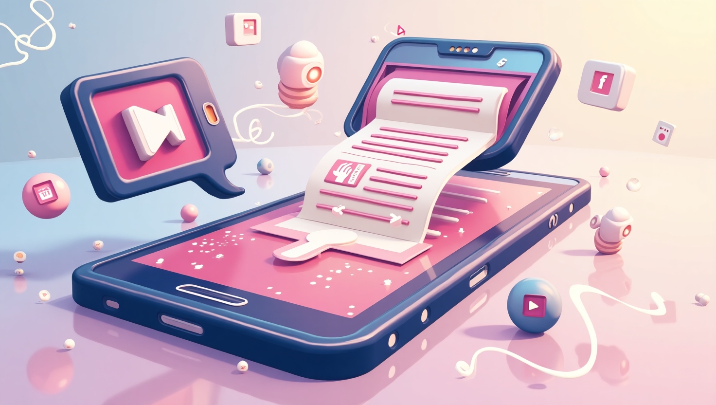 Illustration contemporaine en style digital art représentant un smartphone affichant une interface d'Instagram Reels avec des commentaires audio en cours, des ondes sonores flottantes émanant des commentaires et réponses vocales, entouré d'icônes de microphone, de hashtags, et d'éléments symbolisant la viralité et l'engagement communautaire. L'ambiance doit être dynamique et innovante, avec une palette de couleurs inspirée de FeedMaker (#54387D, #3E408D, #3C579D, #47C0B4, #58A17B, #80D07E, #A5DA6F, #E1A65F, #EFCA5E, #EBE263), intégrant un style illustration moderne, claire et attrayante, adaptée à un public de professionnels du marketing, créateurs et utilisateurs de réseaux sociaux, en format paysage.