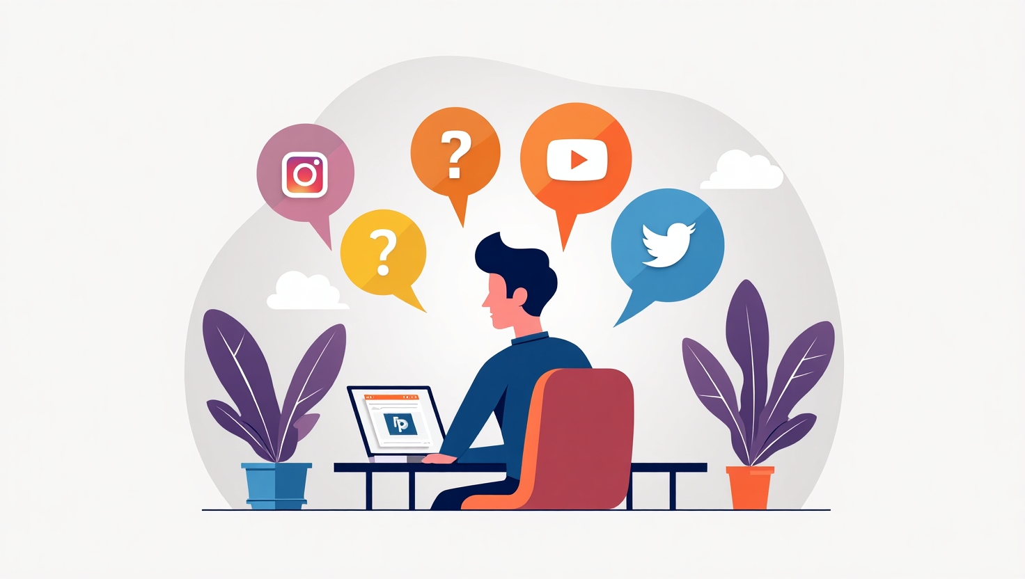Illustration d'une scène moderne en flat design montrant un créateur de contenu devant un smartphone et un ordinateur, entouré d'éléments visuels représentant des exemples de hooks créatifs comme des questions, des surprises, et des promesses fortes, avec des icônes de réseaux sociaux (TikTok, Instagram, YouTube) intégrés. L'ambiance est dynamique et inspirante, évoquant la captation de l’attention en 2025, avec une palette de couleurs inspirée de FeedMaker (#54387D, #3E408D, #3C579D, #47C0B4, #58A17B, #80D07E, #A5DA6F, #E1A65F, #EFCA5E, #EBE263). Style clair, moderne et accessible, format carrée pour illustrer la stratégie créative de maîtrise des hooks sur les réseaux sociaux.