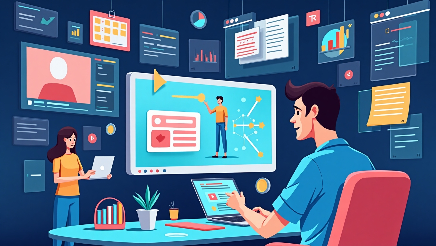 Illustration dynamique en flat design représentant des créateurs de contenu entourés d’écrans et d’éléments visuels hyper-personnalisés, avec des agents IA illustrés comme des assistants holographiques animés, orchestrant des scénarios interactifs et analysant en temps réel des données d’audience, ambiance innovante et futuriste, couleurs vives inspirées de la palette FeedMaker (#54387D, #3E408D, #3C579D, #47C0B4, #58A17B, #80D07E, #A5DA6F, #E1A65F, #EFCA5E, #EBE263), style illustration moderne avec une touche technologique et créative, format carré.