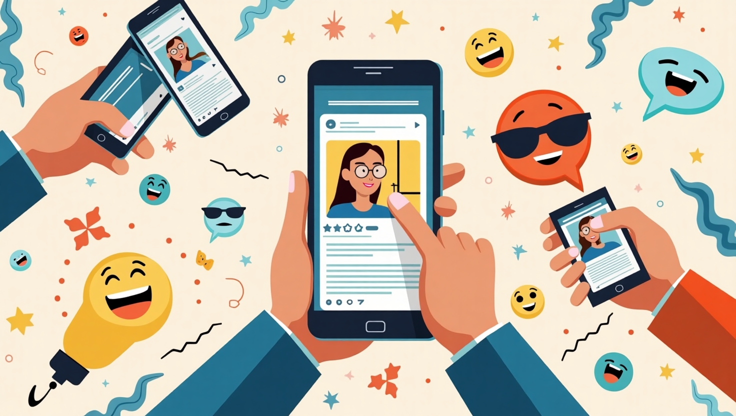 Illustration dynamique en flat design représentant un collage d'histoires virales sur un fond coloré avec des éléments de réseaux sociaux tels que des smartphones, des écrans, des emojis expressifs, des chiffres de viralité en surimpression, dans une ambiance vivante et captivante. Utilisez une palette de couleurs inspirée de FeedMaker : #54387D, #3E408D, #3C579D, #47C0B4, #58A17B, #80D07E, #A5DA6F, #E1A65F, #EFCA5E, #EBE263, pour souligner le caractère surprenant et festif des histoires. Style graphique moderne, illustratif, avec une touche d'énergie et d'enthousiasme. Format carré.