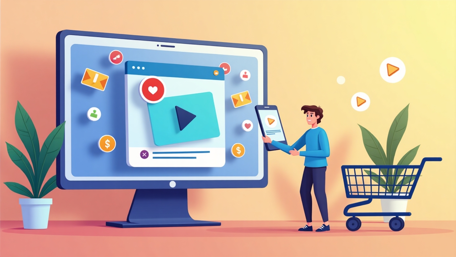 Illustration dynamique en flat design représentant une scène moderne où un créateur de contenu présente une vidéo interactive sur un grand écran ou un smartphone, avec des produits apparaissant de manière fluide et intégrée à l’image, des icônes d'achat flottant autour, une ambiance innovante et immersive, couleurs vives inspirées de la palette FeedMaker (#54387D, #3E408D, #3C579D, #47C0B4, #58A17B, #80D07E, #A5DA6F, #E1A65F, #EFCA5E, #EBE263), évoquant la révolution du social commerce et l'avenir du marketing digital.