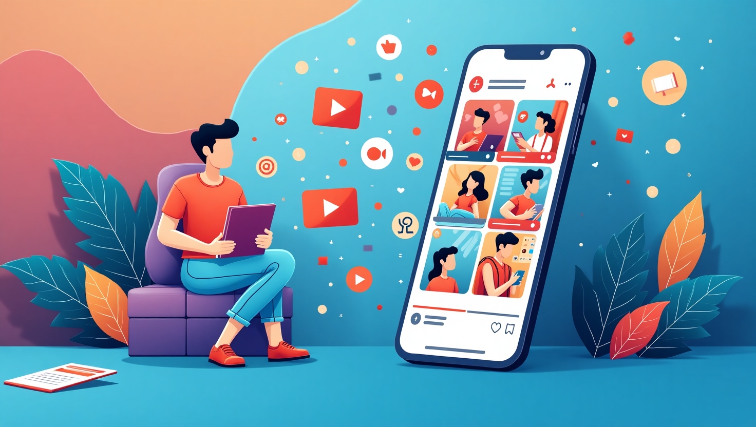 Illustration dynamique en style contemporain et digital montrant un smartphone affichant une séquence de Reels en cours de montage automatique par une intelligence artificielle, entouré d’éléments visuels symbolisant la viralité, comme des icônes de likes, de commentaires et de partages, avec un fond coloré inspiré de la palette FeedMaker (#54387D, #3E408D, #3C579D, #47C0B4, #58A17B, #80D07E, #A5DA6F, #E1A65F, #EFCA5E, #EBE263), dans une ambiance moderne, innovante et créative, mettant en valeur la rapidité, la spontanéité et l’attrait viral et professionnel du nouveau format.