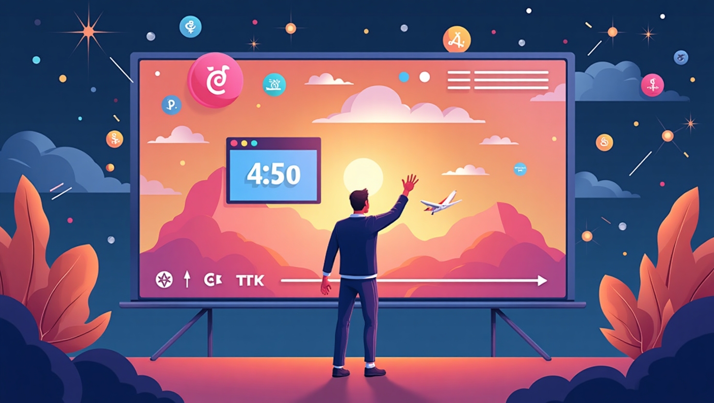 Illustration dynamique en style réaliste ou semi-réaliste représentant un créateur de contenu enthousiaste devant un grand écran affichant une vidéo longue TikTok, entouré d'éléments visuels symbolisant la monétisation et l'évolution des formats, comme des icônes de dollar, des symboles de croissance et des effets vidéos. L'ambiance doit évoquer l'innovation, la stratégie et le potentiel créatif, avec une palette de couleurs inspirée de FeedMaker (#54387D, #3E408D, #3C579D, #47C0B4, #58A17B, #80D07E, #A5DA6F, #E1A65F, #EFCA5E, #EBE263). La scène doit être en format paysage avec un ton professionnel et dynamique, reflétant la révolution des vidéos longues sur TikTok.