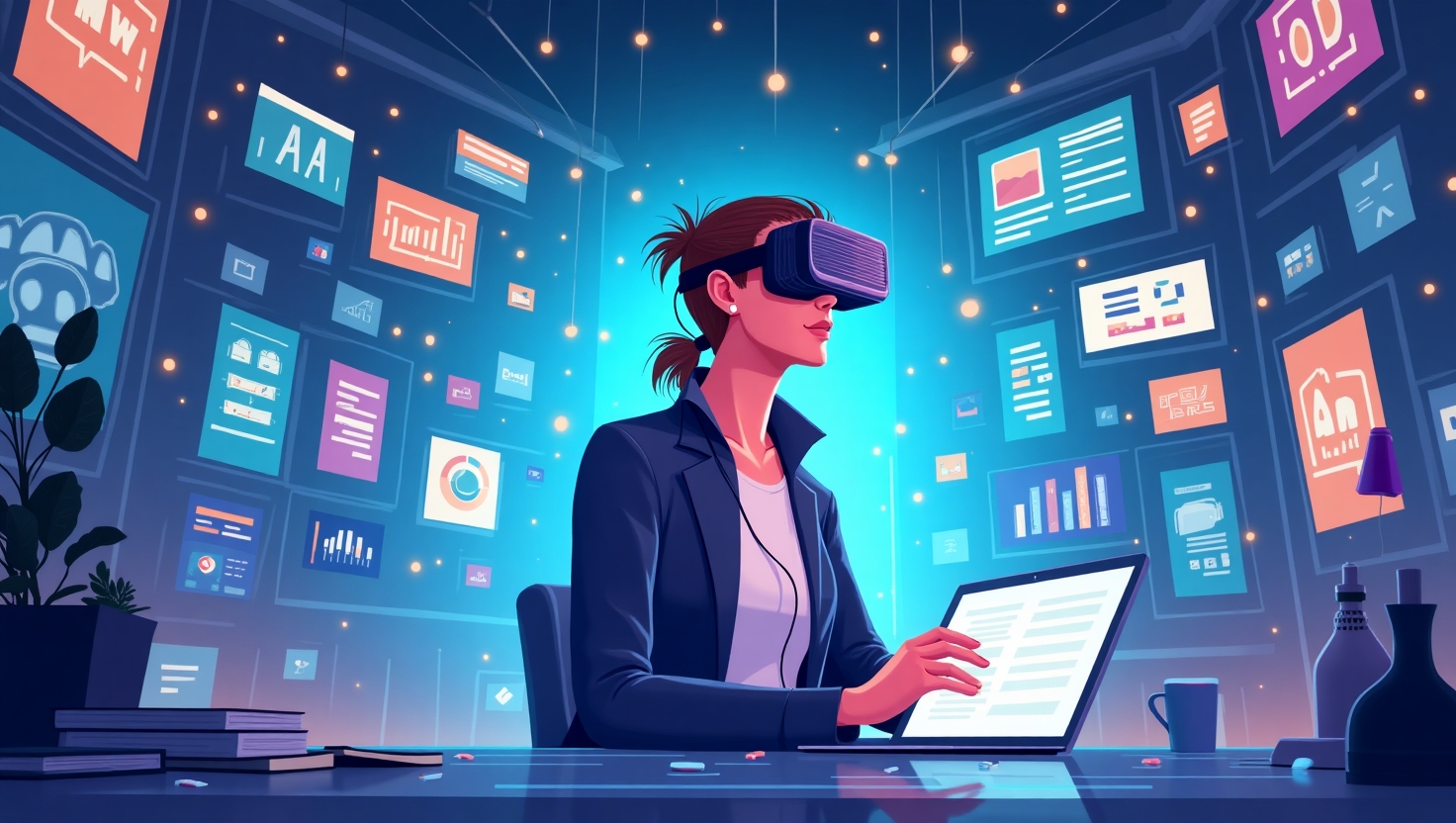 Illustration en style futuriste et immersif montrant une scène de narration digitale avec un utilisateur portant un casque de réalité augmentée ou virtuelle au centre, entouré d'éléments interactifs, de symboles de gamification comme des icônes de récompenses et de compétition, intégrant des visualisations pour l'IA comme des flux de données et des réseaux. L'environnement doit évoquer une expérience fluide, dynamique, avec une palette de couleurs inspirée de la palette FeedMaker (#54387D, #3E408D, #3C579D, #47C0B4, #58A17B, #80D07E, #A5DA6F, #E1A65F, #EFCA5E, #EBE263), et une ambiance à la fois professionnelle et innovante, orientée vers la créativité et la technologie avancée.